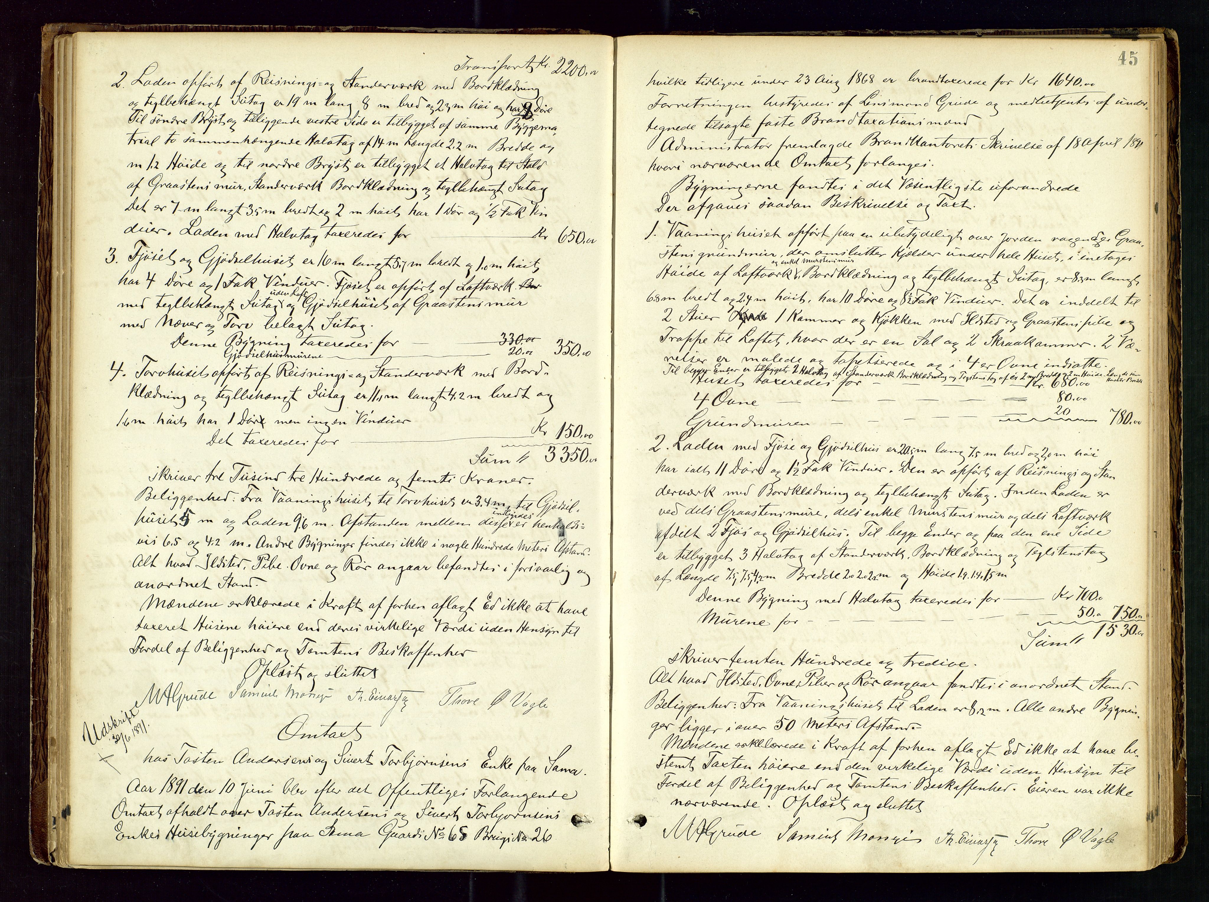 Høyland/Sandnes lensmannskontor, SAST/A-100166/Goa/L0002: "Brandtaxtprotokol for Landafdelingen i Høiland", 1880-1917, p. 44b-45a