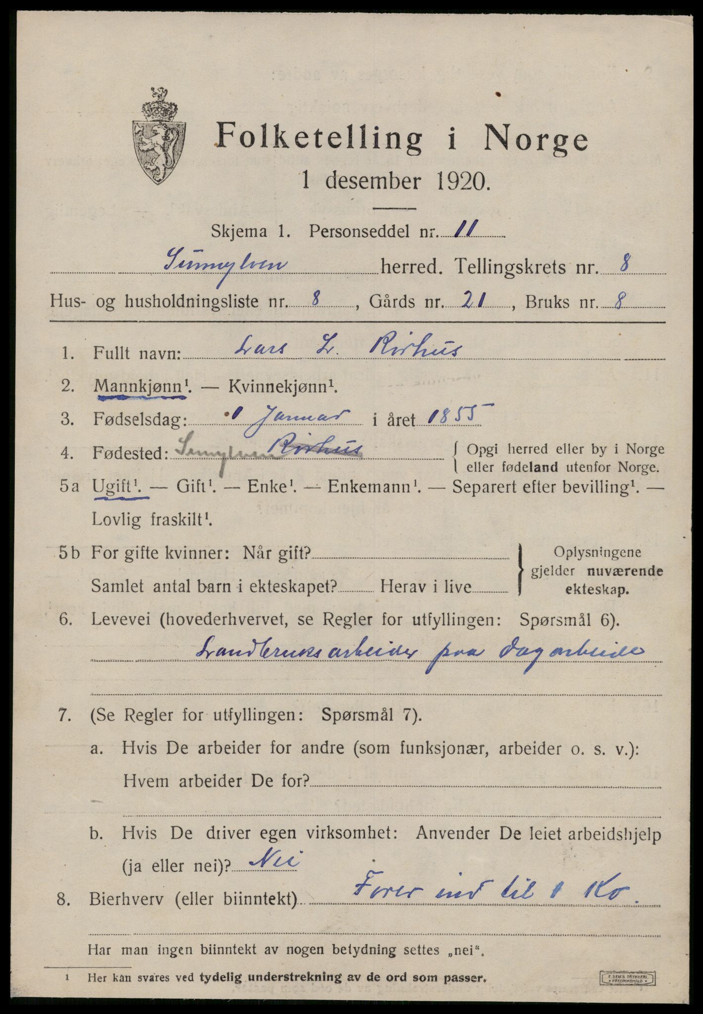 SAT, 1920 census for Sunnylven, 1920, p. 2862