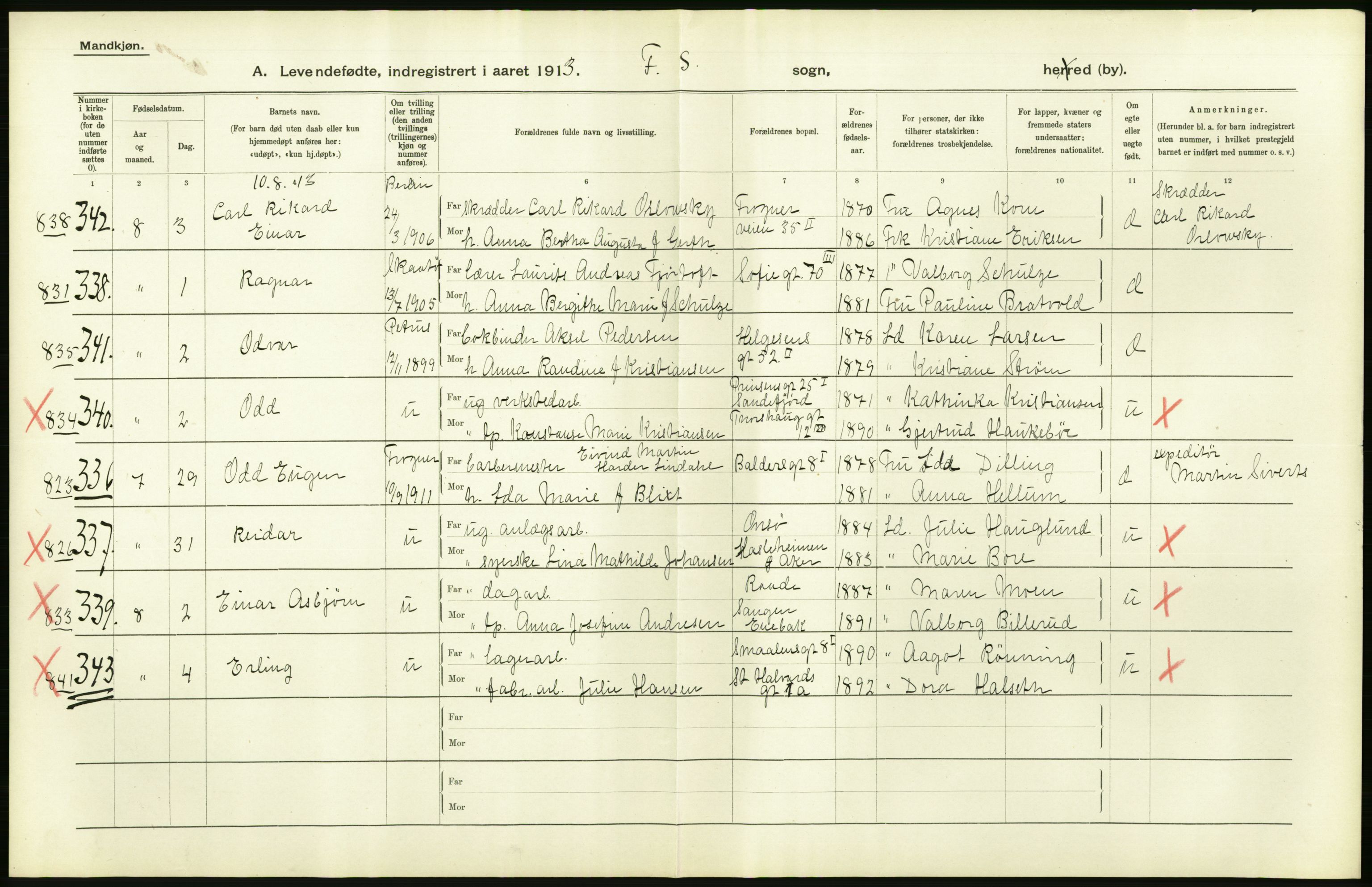 Statistisk sentralbyrå, Sosiodemografiske emner, Befolkning, AV/RA-S-2228/D/Df/Dfb/Dfbc/L0007: Kristiania: Levendefødte menn og kvinner., 1913, p. 60