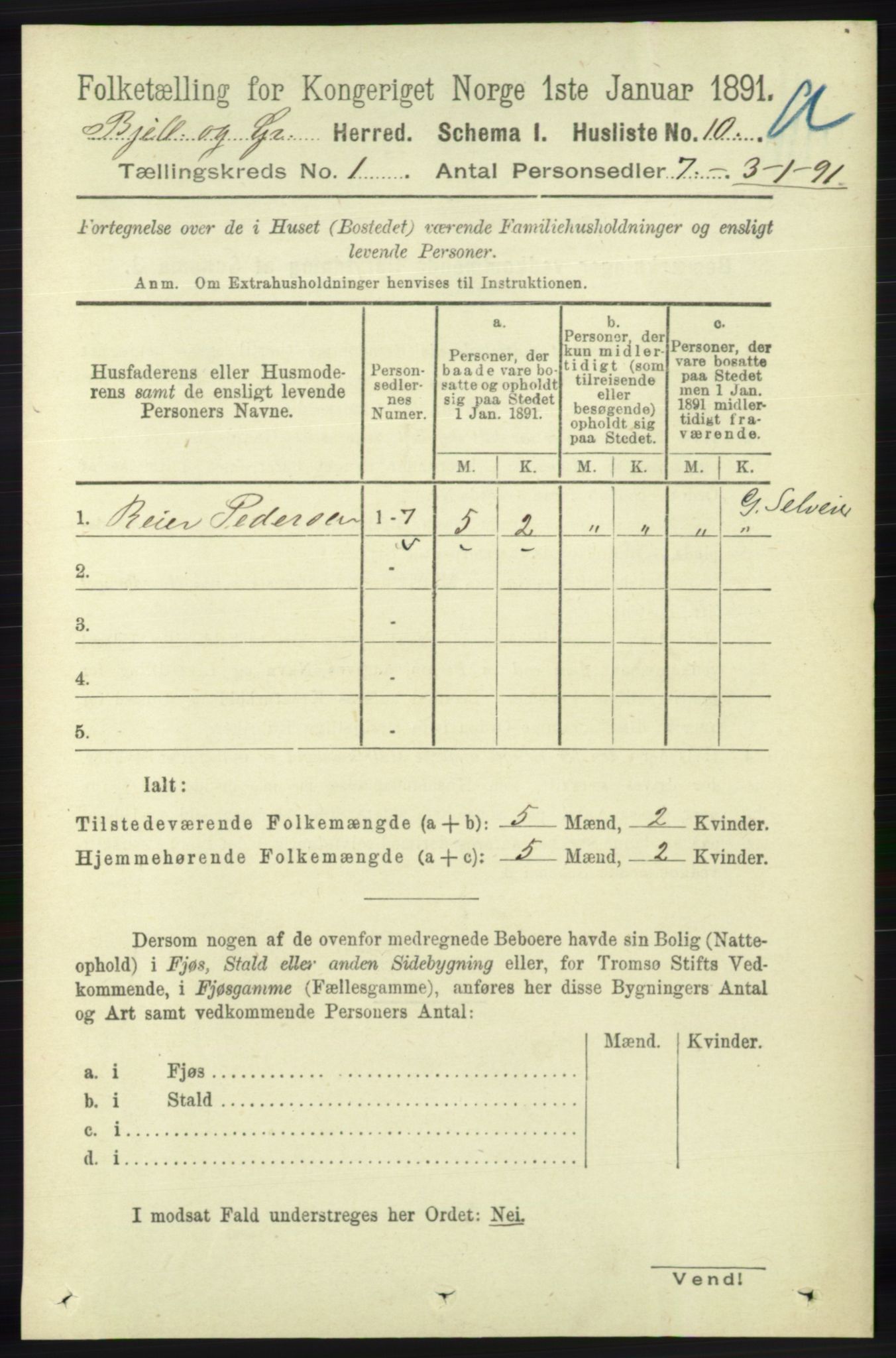 RA, 1891 census for 1024 Bjelland og Grindheim, 1891, p. 32