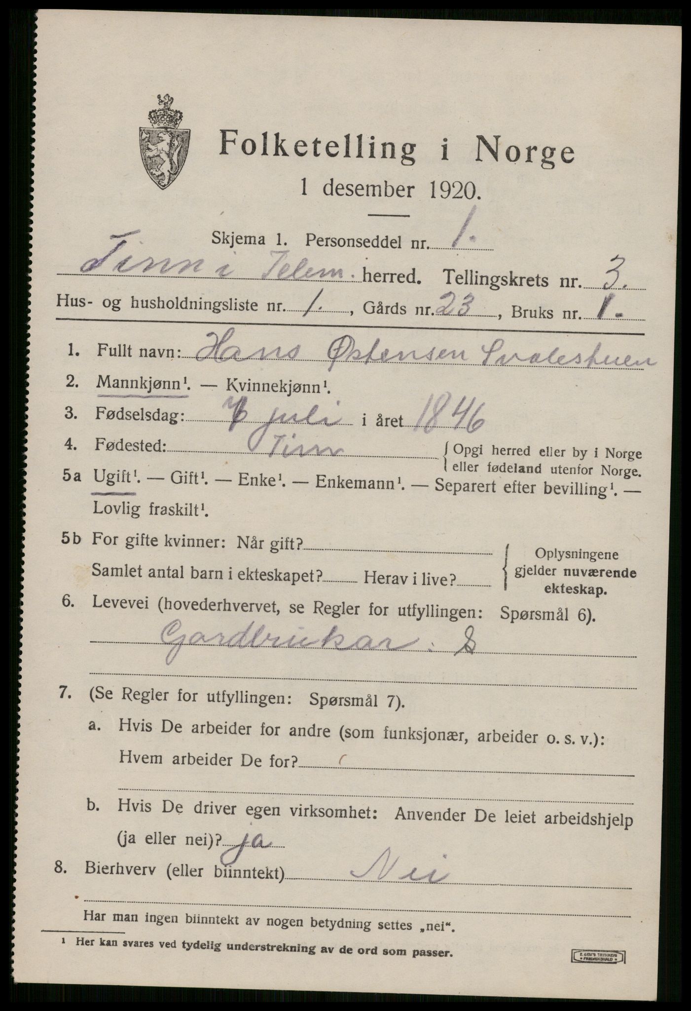 SAKO, 1920 census for Tinn, 1920, p. 3290