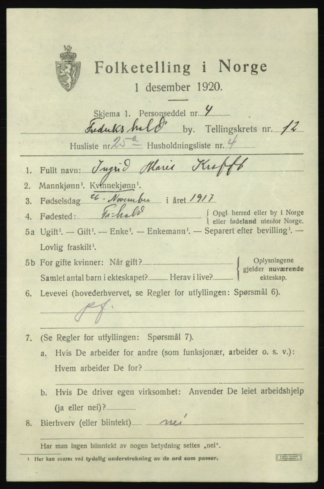 SAO, 1920 census for Fredrikshald, 1920, p. 20441