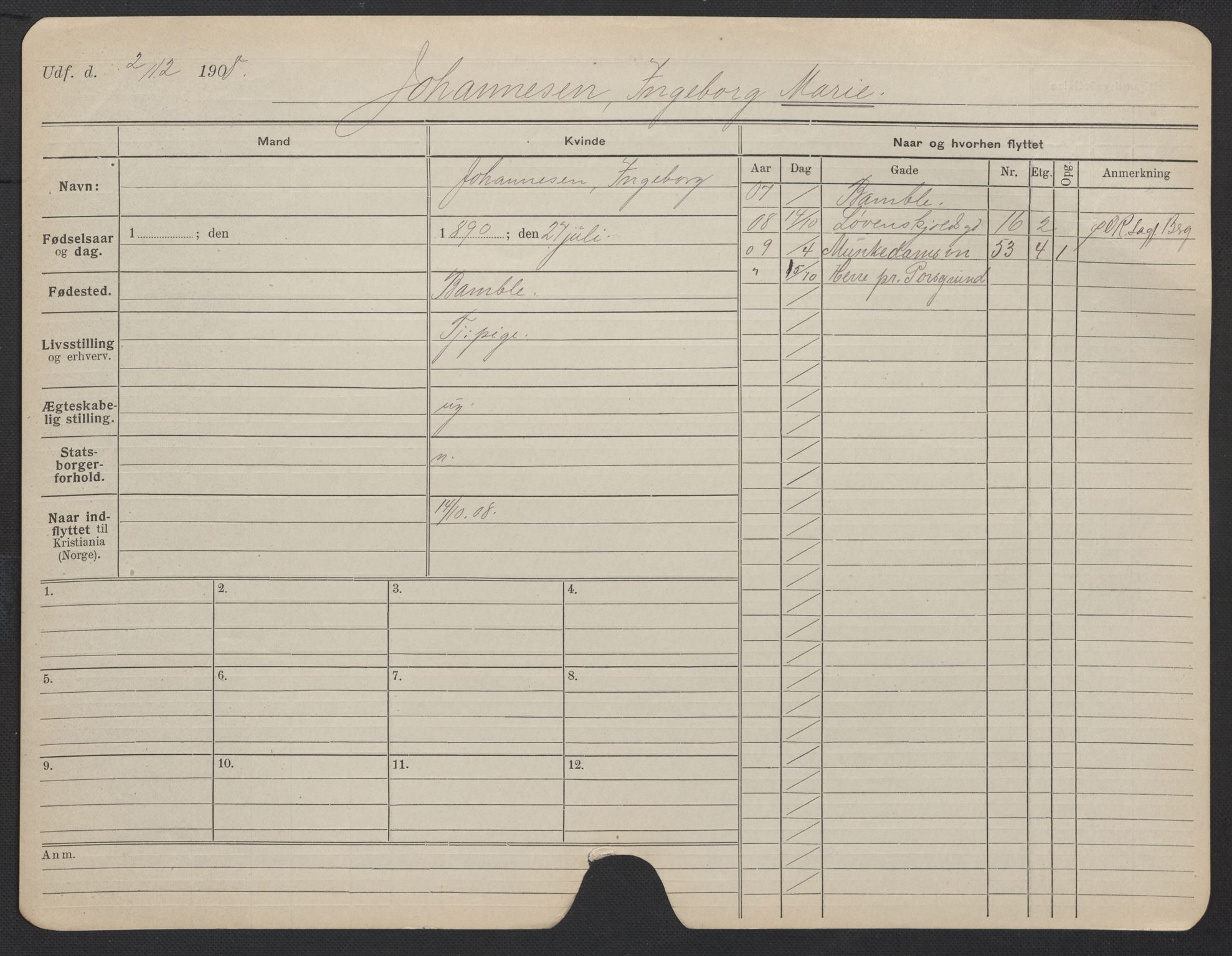 Oslo folkeregister, Registerkort, AV/SAO-A-11715/F/Fa/Fac/L0018: Kvinner, 1906-1914, p. 300a