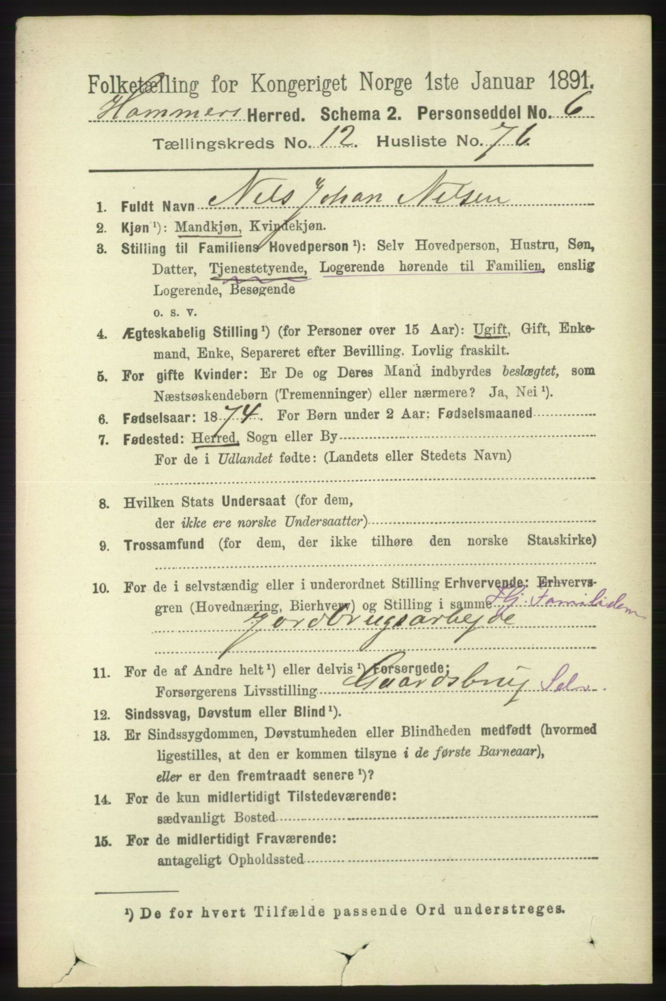 RA, 1891 census for 1254 Hamre, 1891, p. 3942