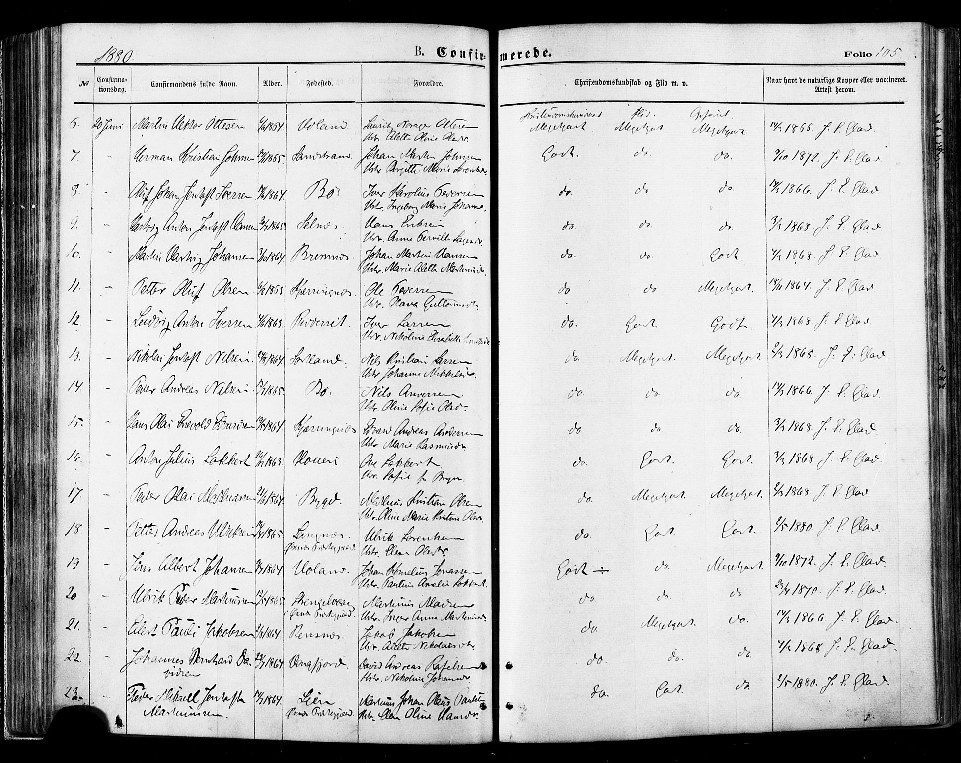 Ministerialprotokoller, klokkerbøker og fødselsregistre - Nordland, AV/SAT-A-1459/895/L1370: Parish register (official) no. 895A05, 1873-1884, p. 105