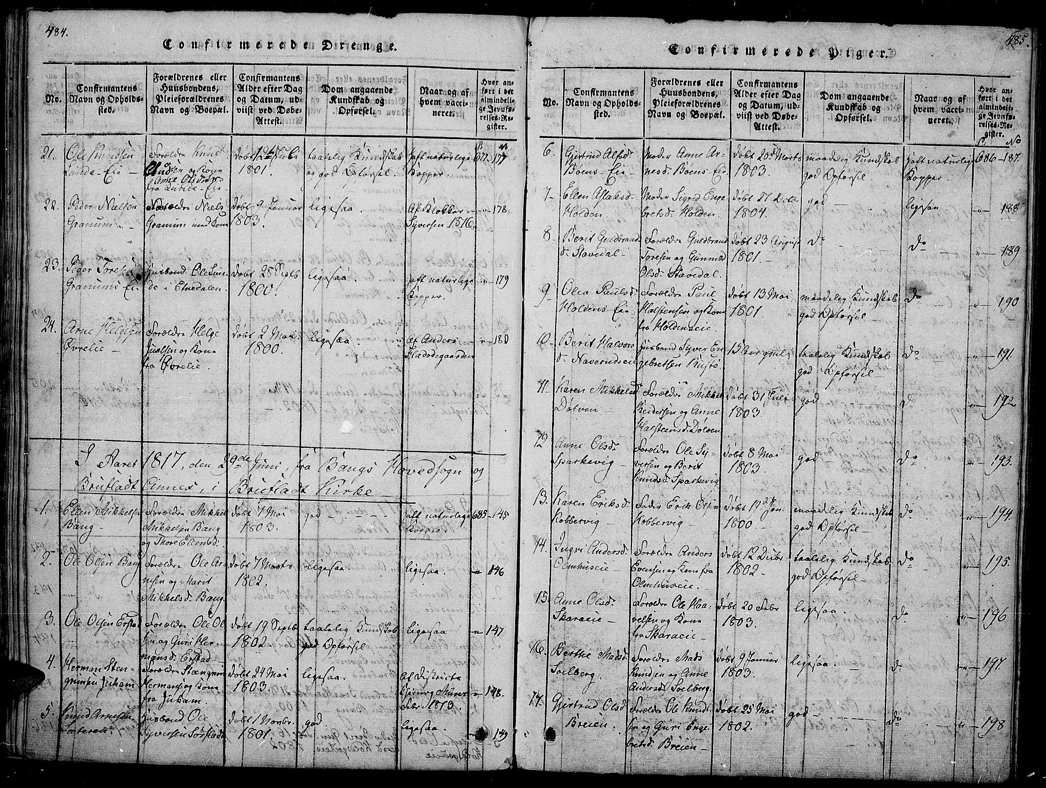 Sør-Aurdal prestekontor, SAH/PREST-128/H/Ha/Haa/L0002: Parish register (official) no. 2, 1815-1840, p. 484-485