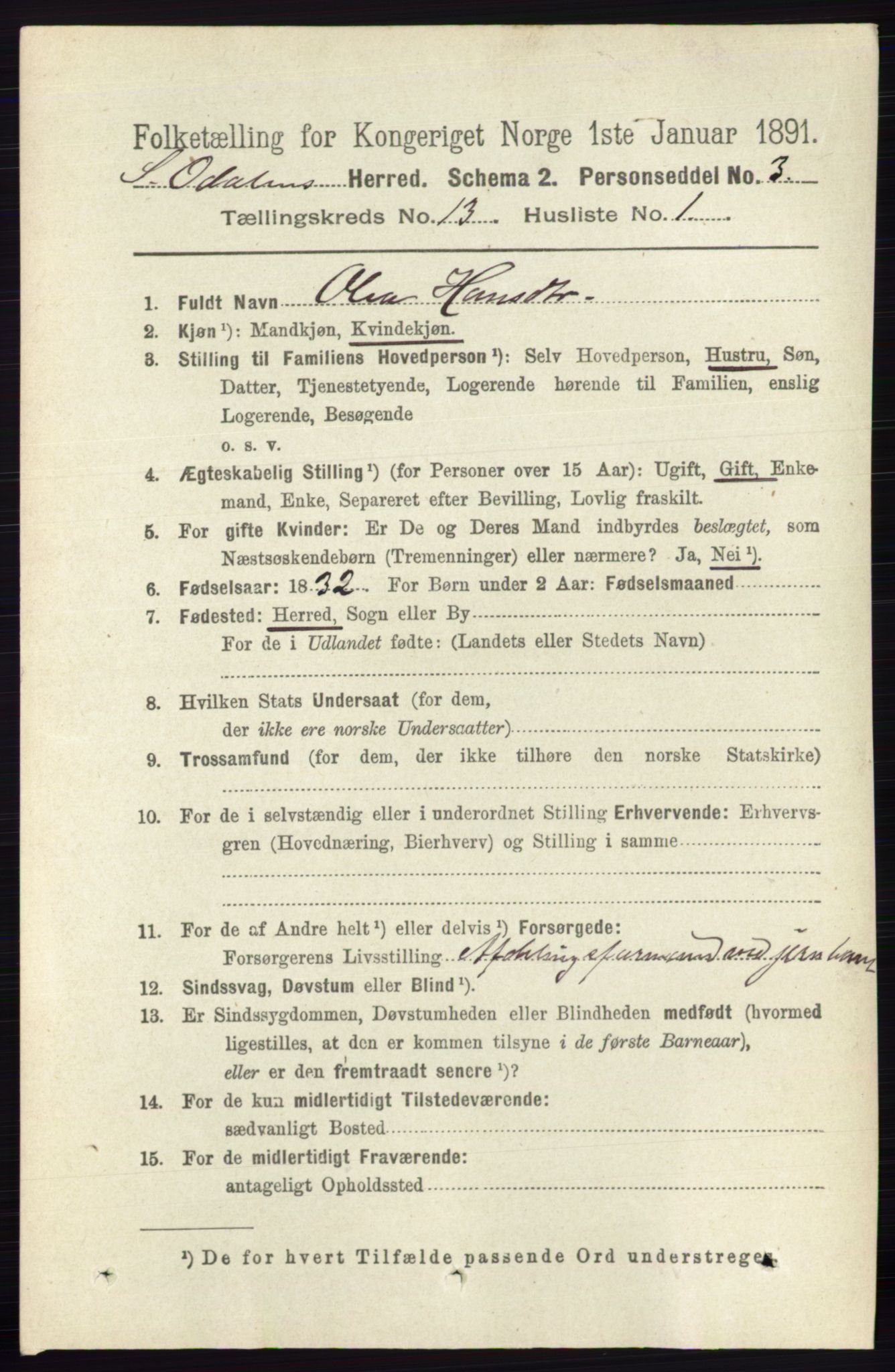 RA, 1891 census for 0419 Sør-Odal, 1891, p. 5564