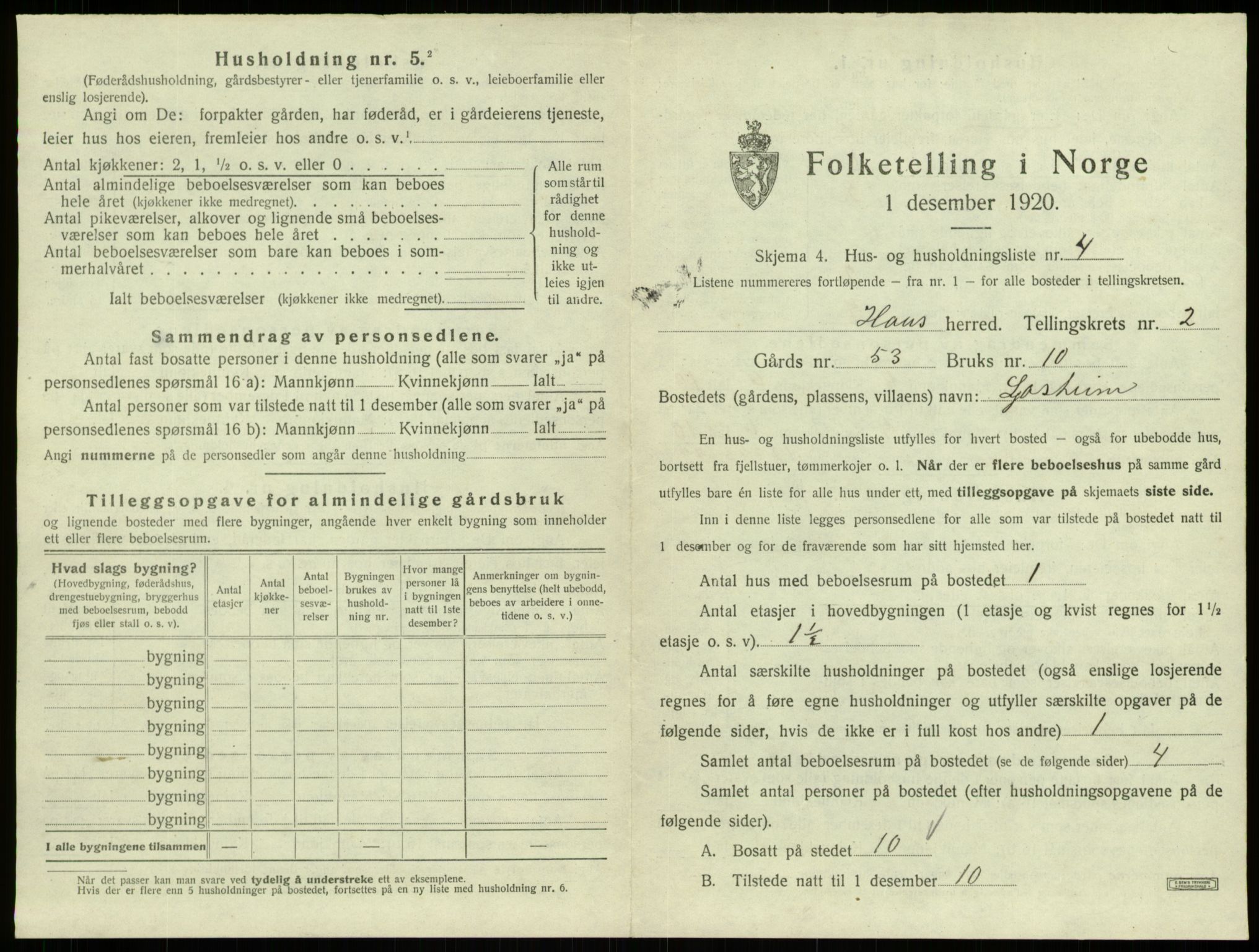 SAB, 1920 census for Haus, 1920, p. 124