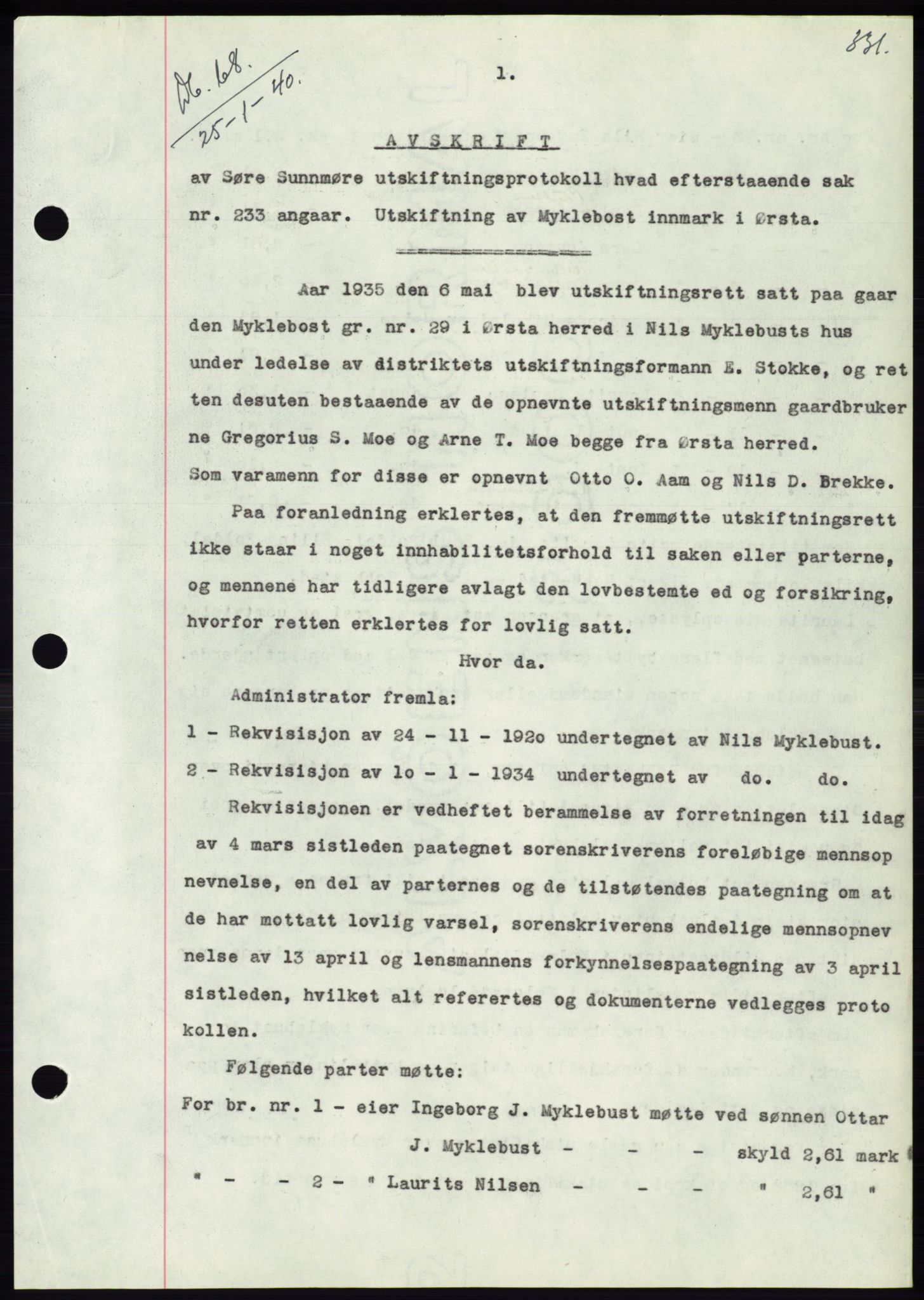 Søre Sunnmøre sorenskriveri, AV/SAT-A-4122/1/2/2C/L0069: Mortgage book no. 63, 1939-1940, Diary no: : 68/1940