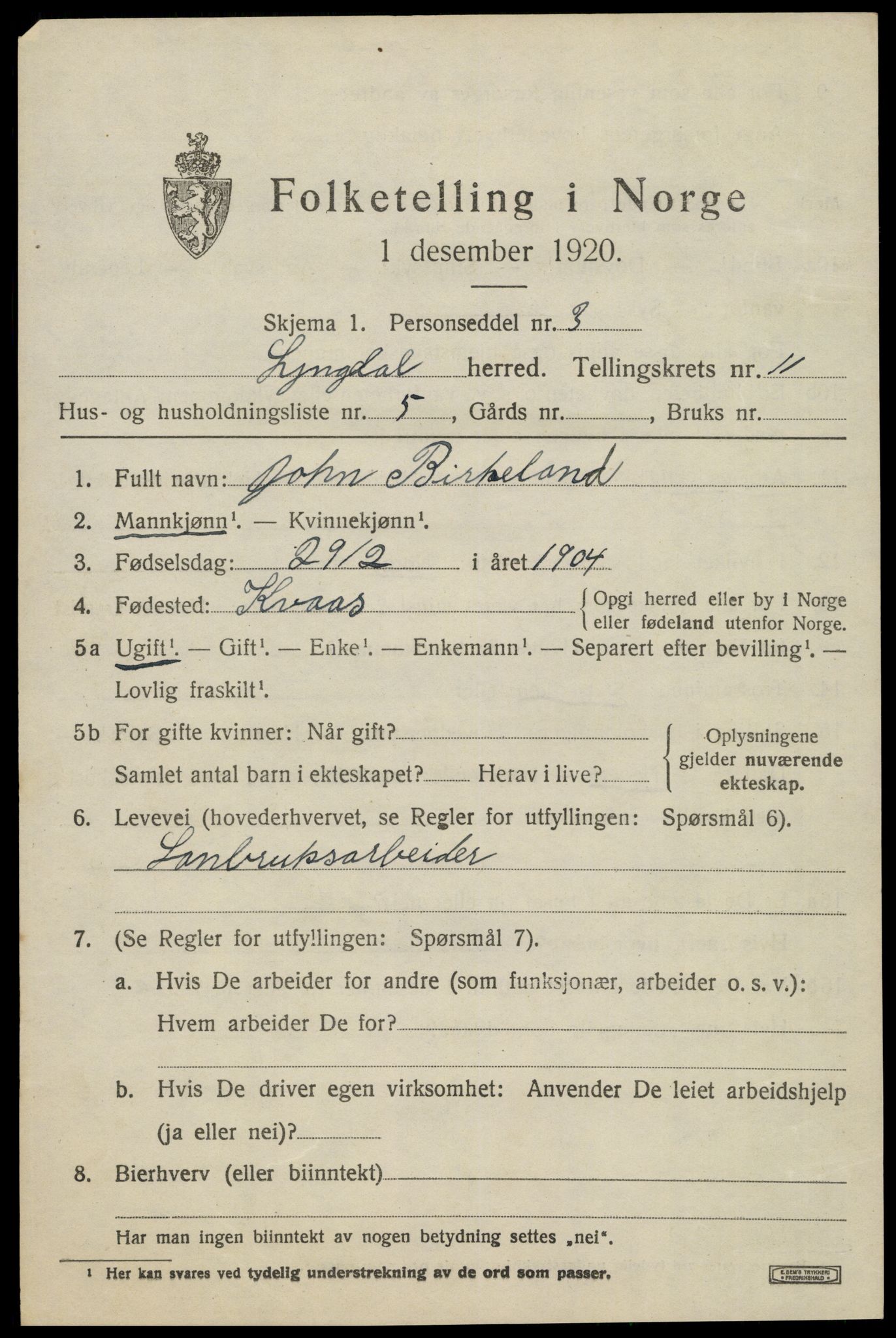 SAK, 1920 census for Lyngdal, 1920, p. 5335