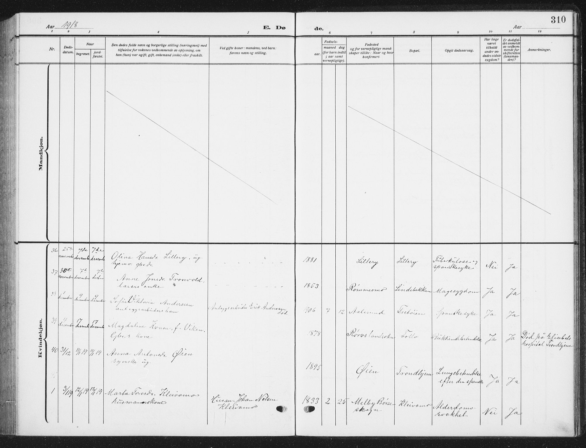 Ministerialprotokoller, klokkerbøker og fødselsregistre - Sør-Trøndelag, SAT/A-1456/668/L0820: Parish register (copy) no. 668C09, 1912-1936, p. 310