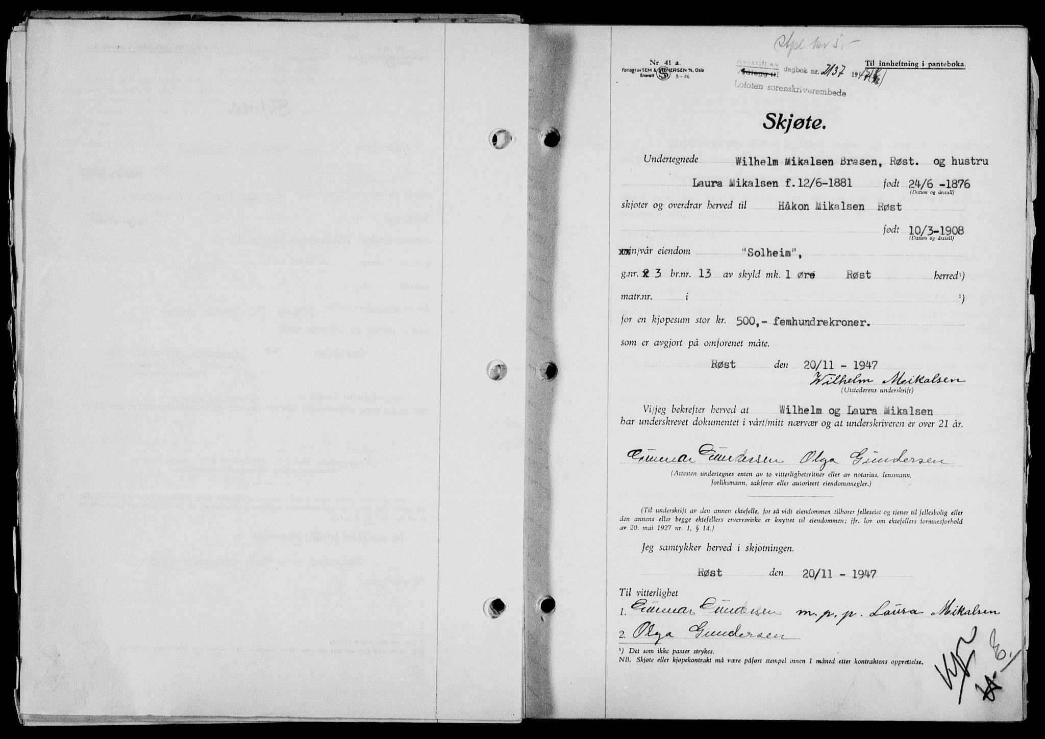Lofoten sorenskriveri, SAT/A-0017/1/2/2C/L0017a: Mortgage book no. 17a, 1947-1948, Diary no: : 2137/1947