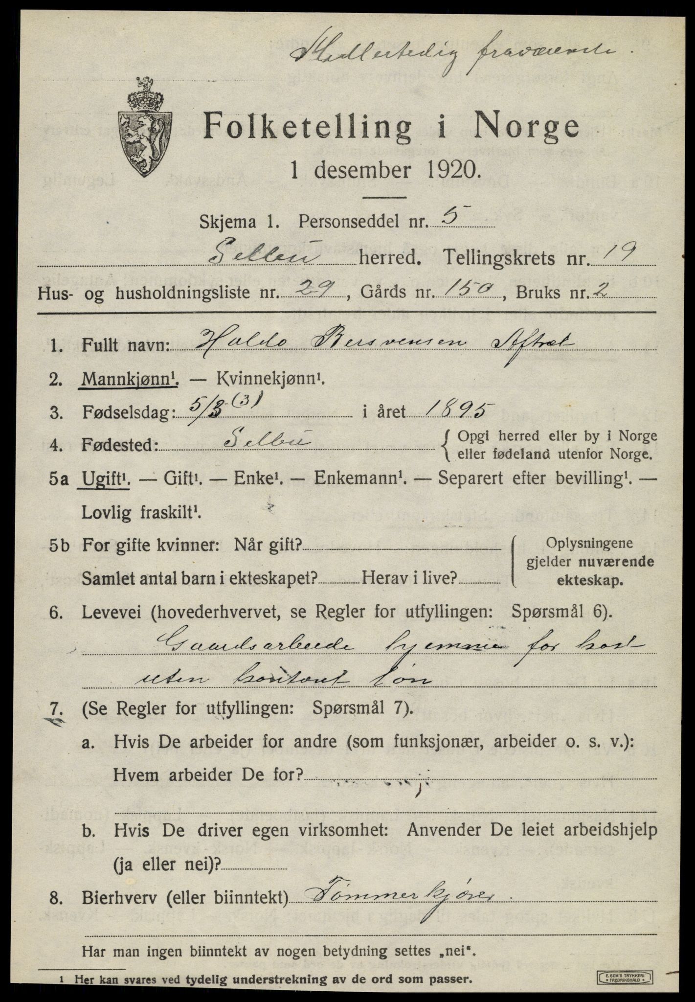 SAT, 1920 census for Selbu, 1920, p. 10198