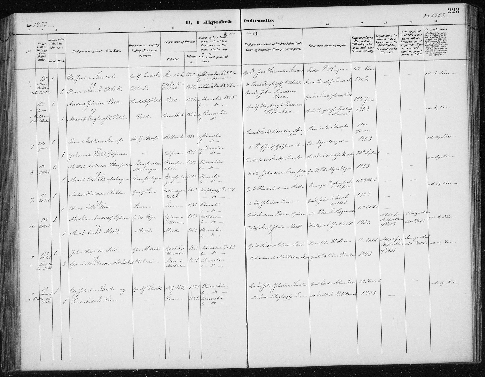 Ministerialprotokoller, klokkerbøker og fødselsregistre - Sør-Trøndelag, AV/SAT-A-1456/674/L0876: Parish register (copy) no. 674C03, 1892-1912, p. 223