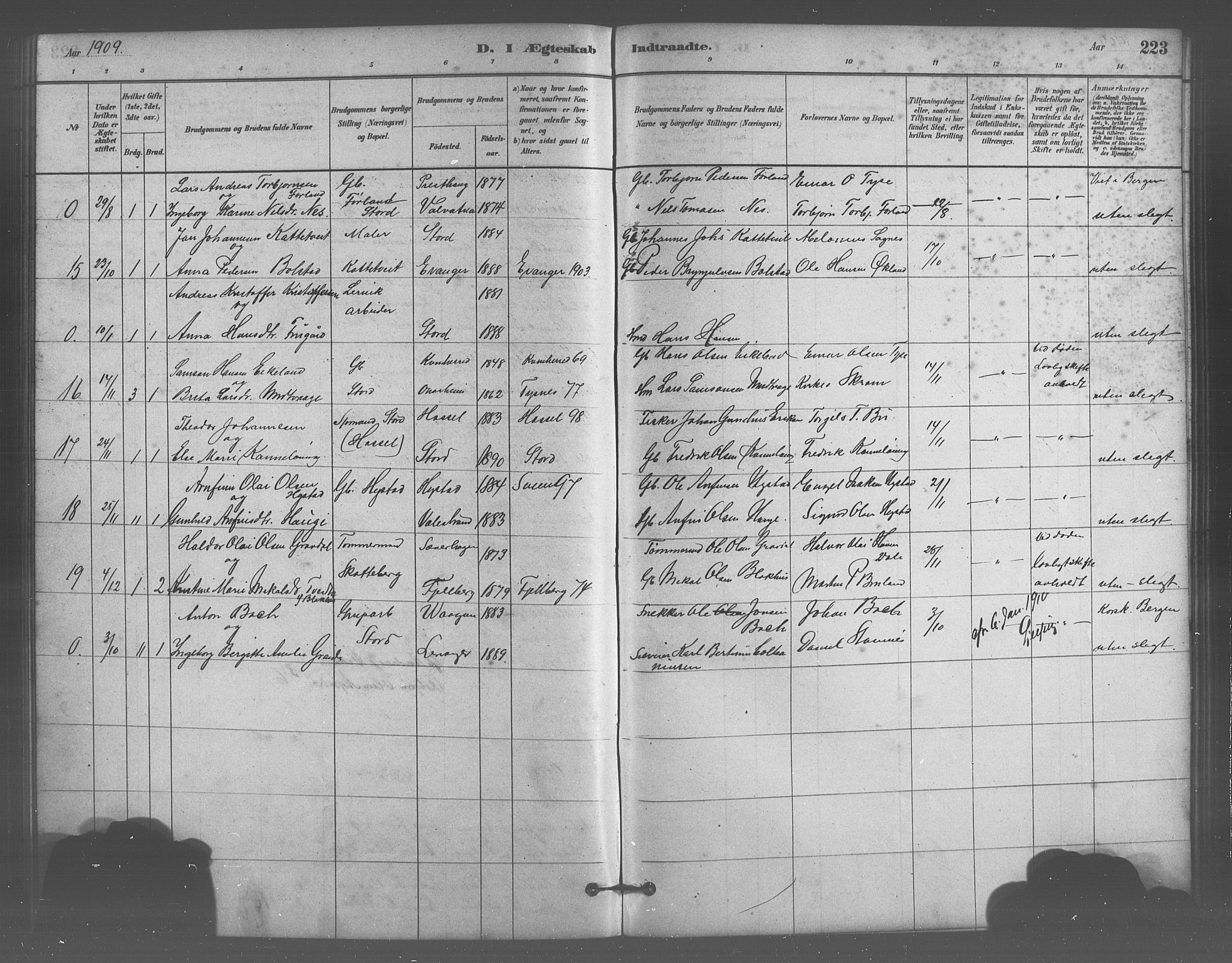 Stord sokneprestembete, SAB/A-78201/H/Hab: Parish register (copy) no. A 2, 1879-1909, p. 223