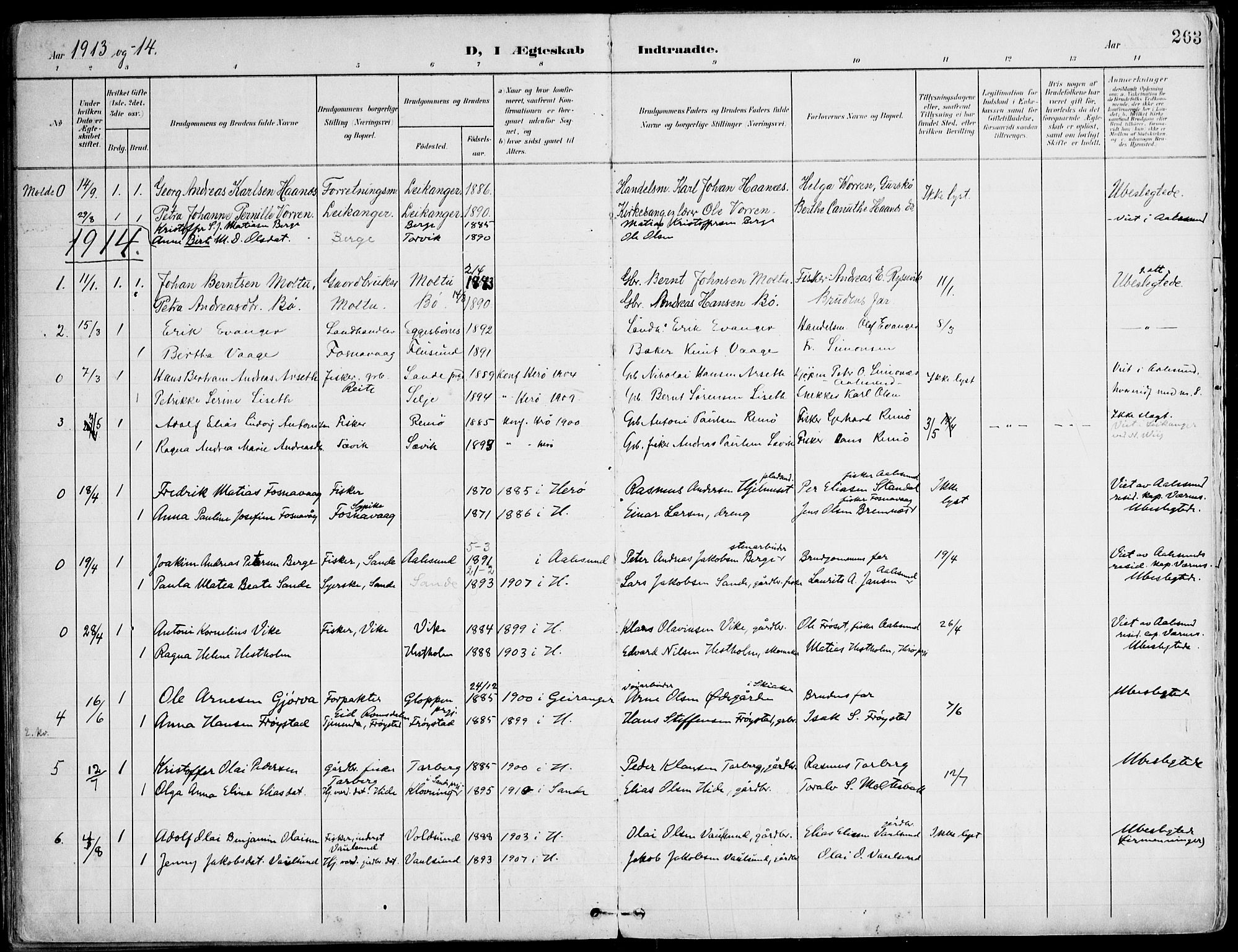 Ministerialprotokoller, klokkerbøker og fødselsregistre - Møre og Romsdal, SAT/A-1454/507/L0075: Parish register (official) no. 507A10, 1901-1920, p. 263