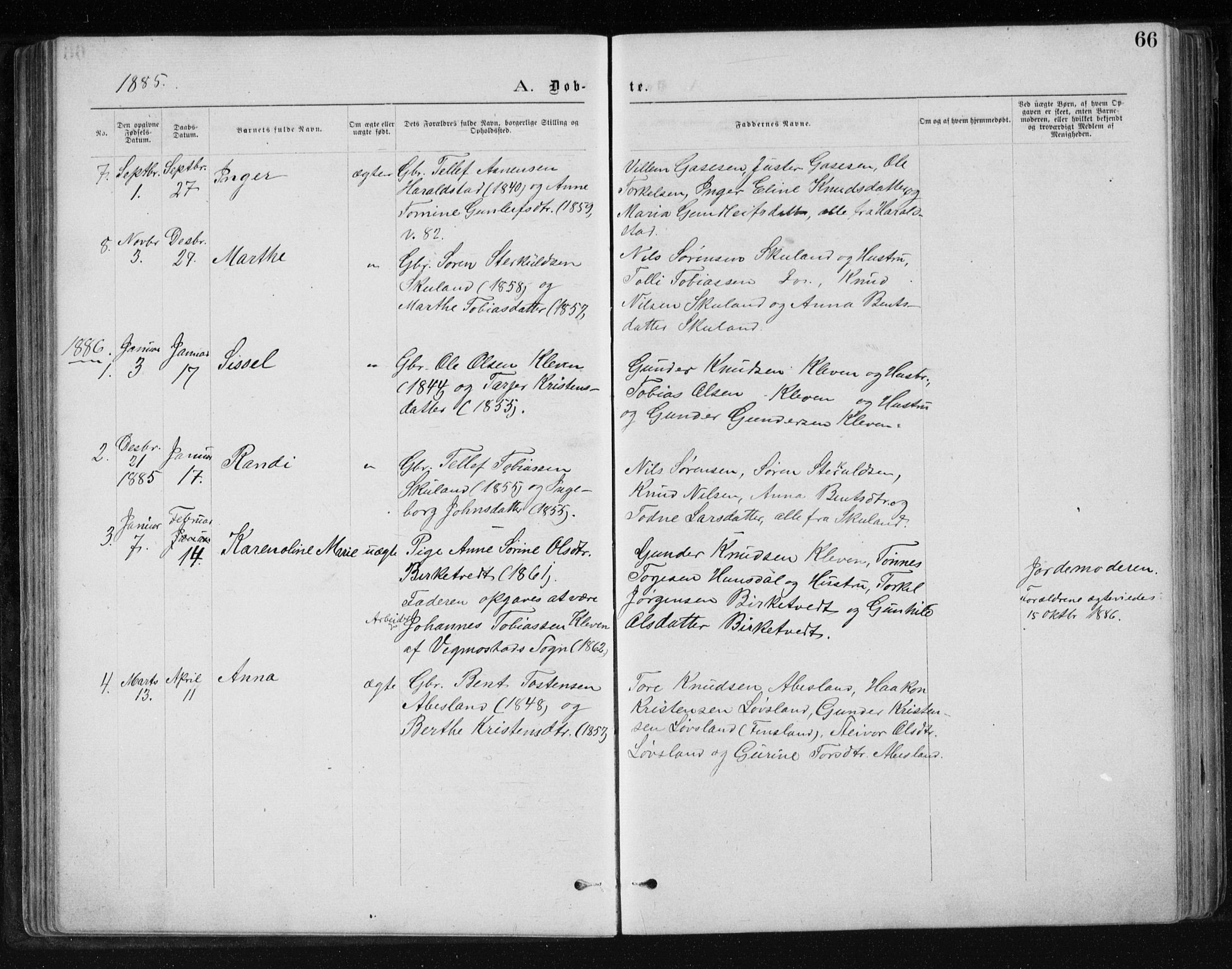 Holum sokneprestkontor, SAK/1111-0022/F/Fb/Fbb/L0003: Parish register (copy) no. B 3, 1875-1898, p. 66
