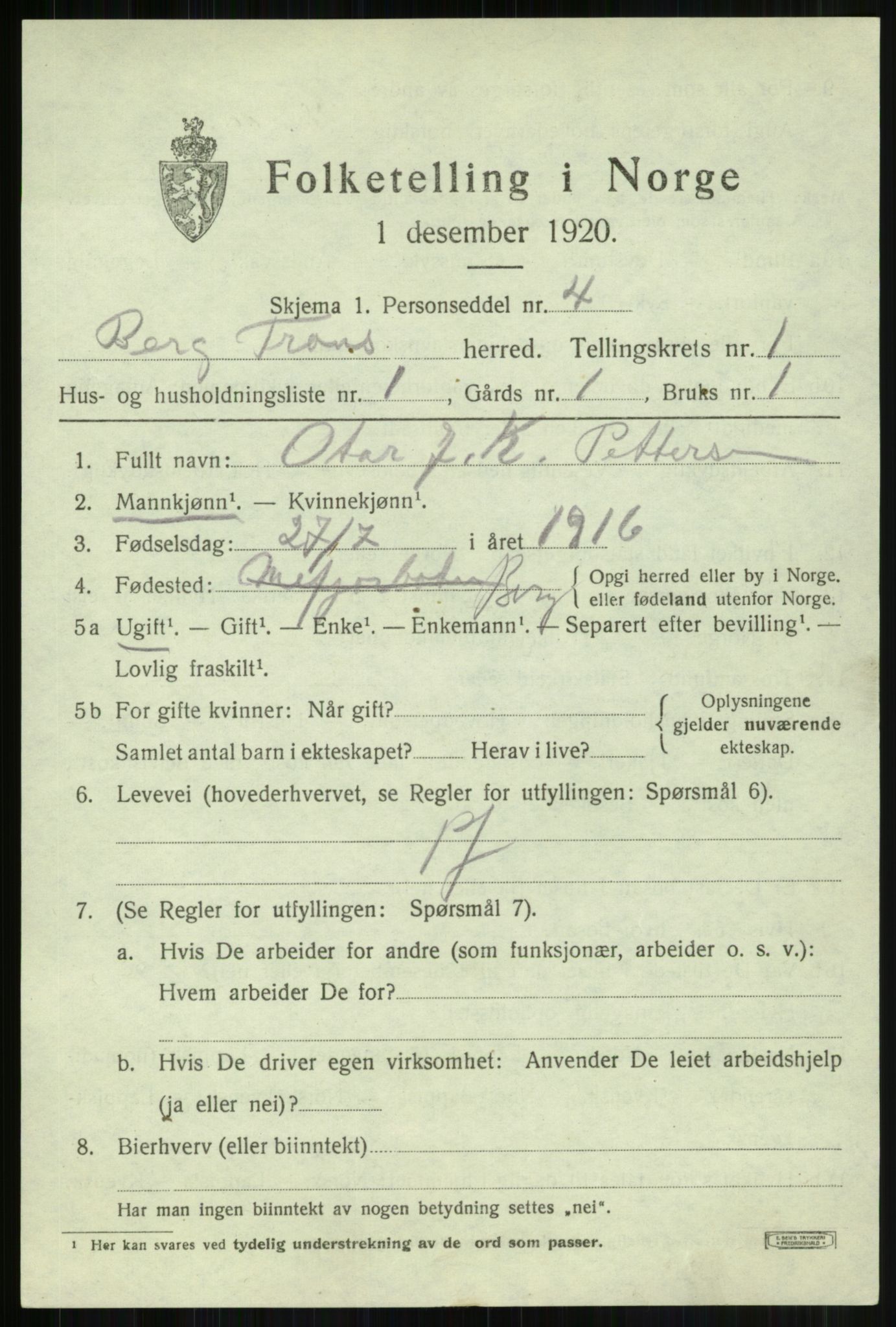 SATØ, 1920 census for Berg, 1920, p. 470