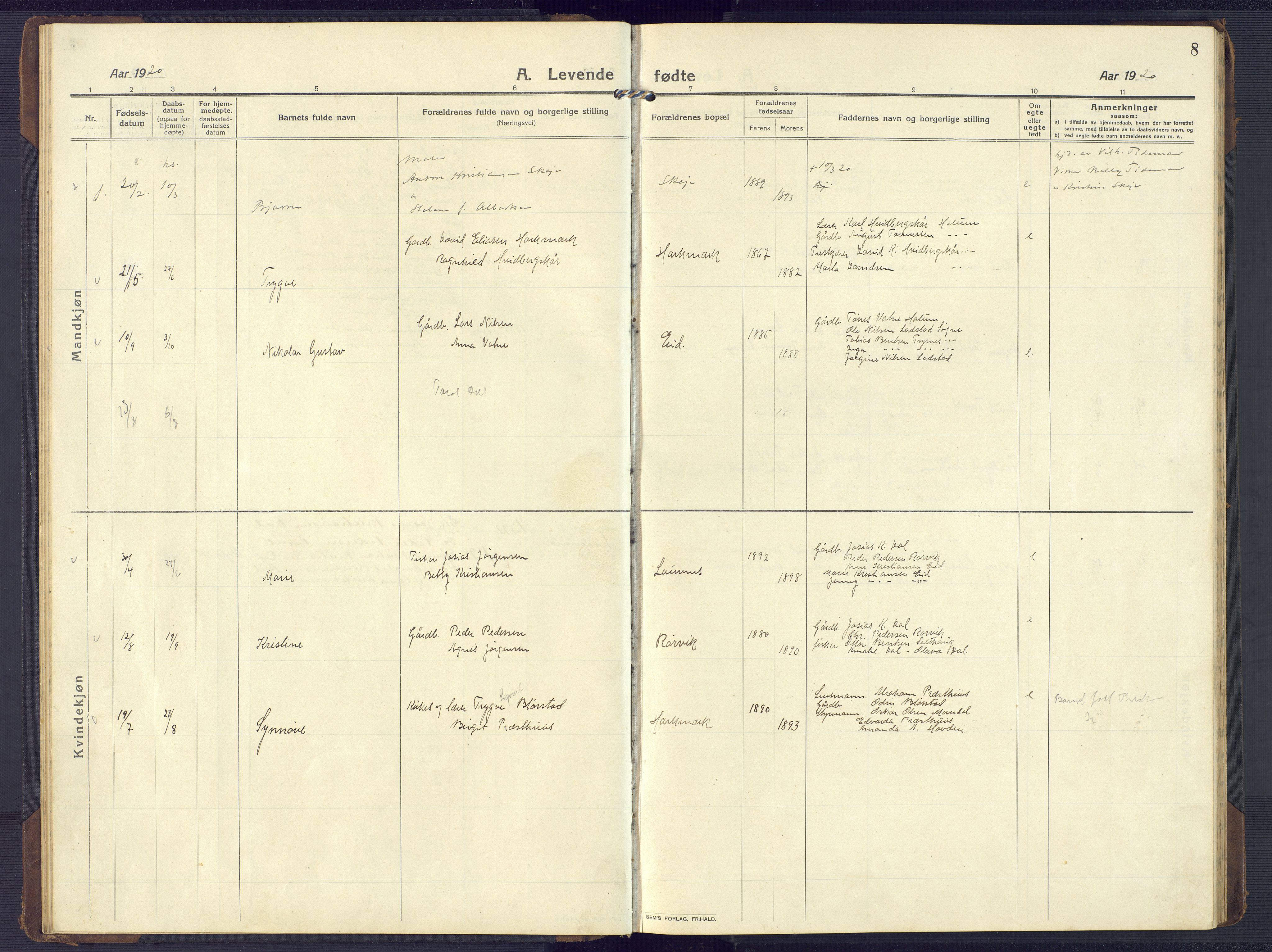 Mandal sokneprestkontor, SAK/1111-0030/F/Fb/Fbb/L0005: Parish register (copy) no. B 5, 1913-1957, p. 8