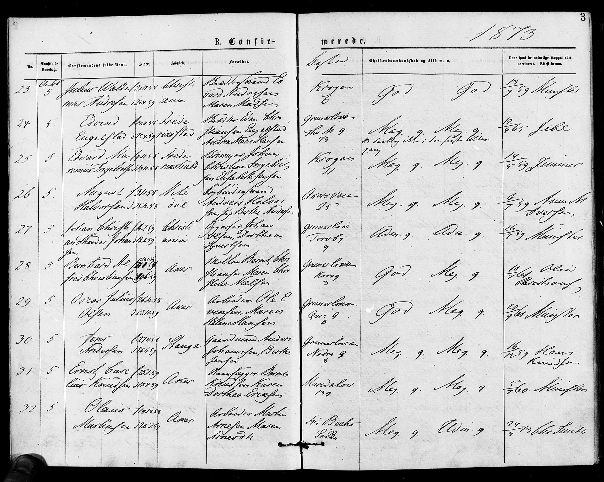 Gamle Aker prestekontor Kirkebøker, AV/SAO-A-10617a/F/L0005: Parish register (official) no. 5, 1873-1881, p. 3