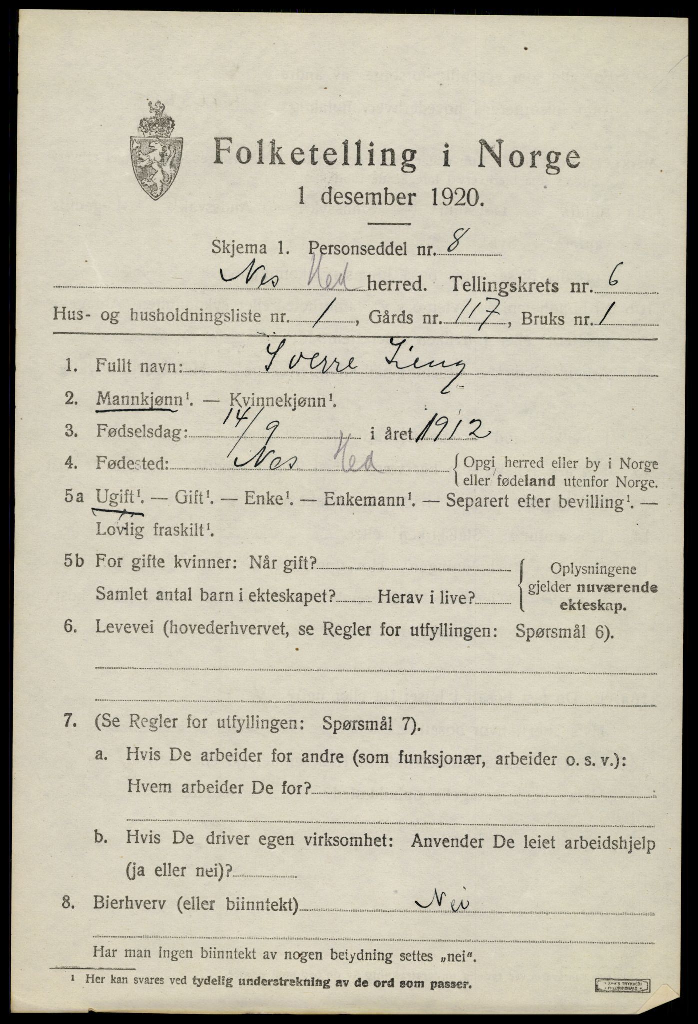 SAH, 1920 census for Nes (Hedmark), 1920, p. 7796