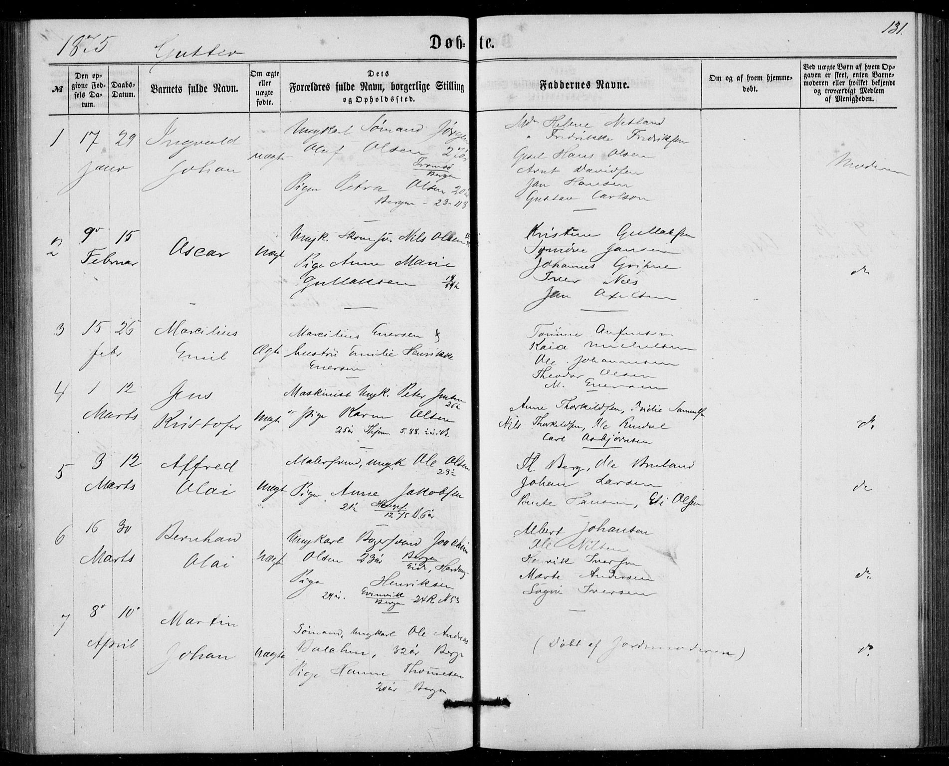 Fødselsstiftelsens sokneprestembete, ført av overlegen*, SAB/-: Parish register (official) no. A 1, 1863-1883, p. 131