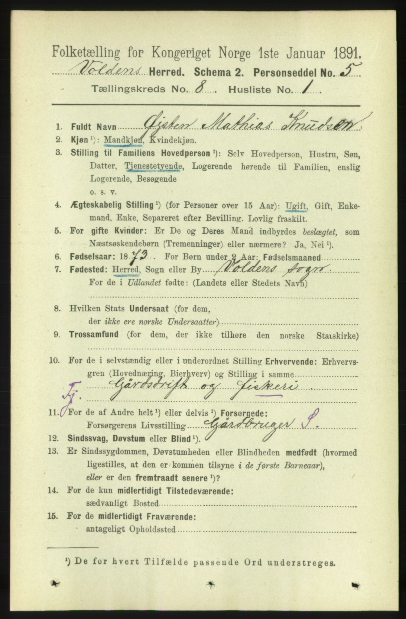 RA, 1891 census for 1519 Volda, 1891, p. 3830