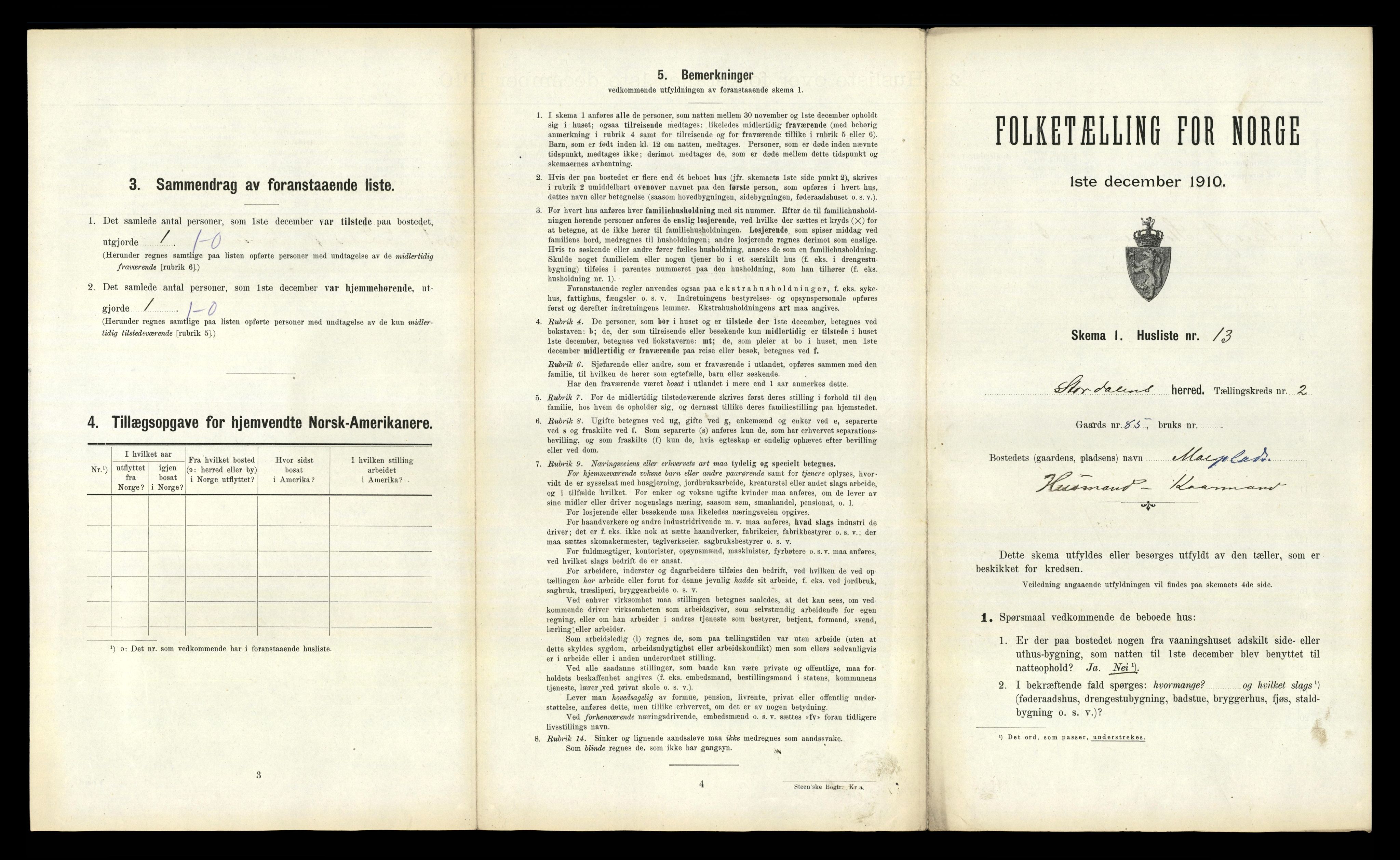 RA, 1910 census for Stordal, 1910, p. 182