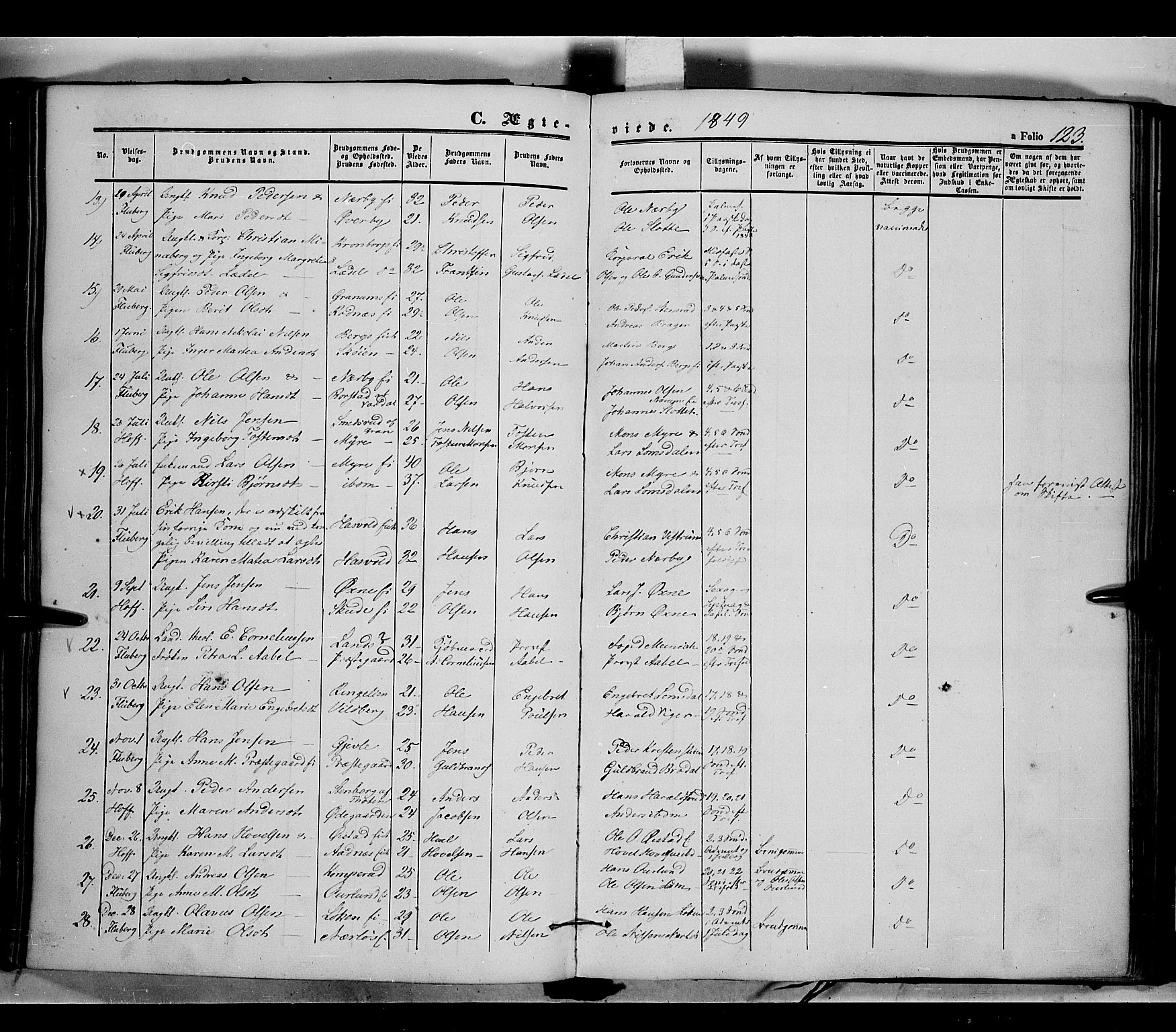 Land prestekontor, SAH/PREST-120/H/Ha/Haa/L0009: Parish register (official) no. 9, 1847-1859, p. 123