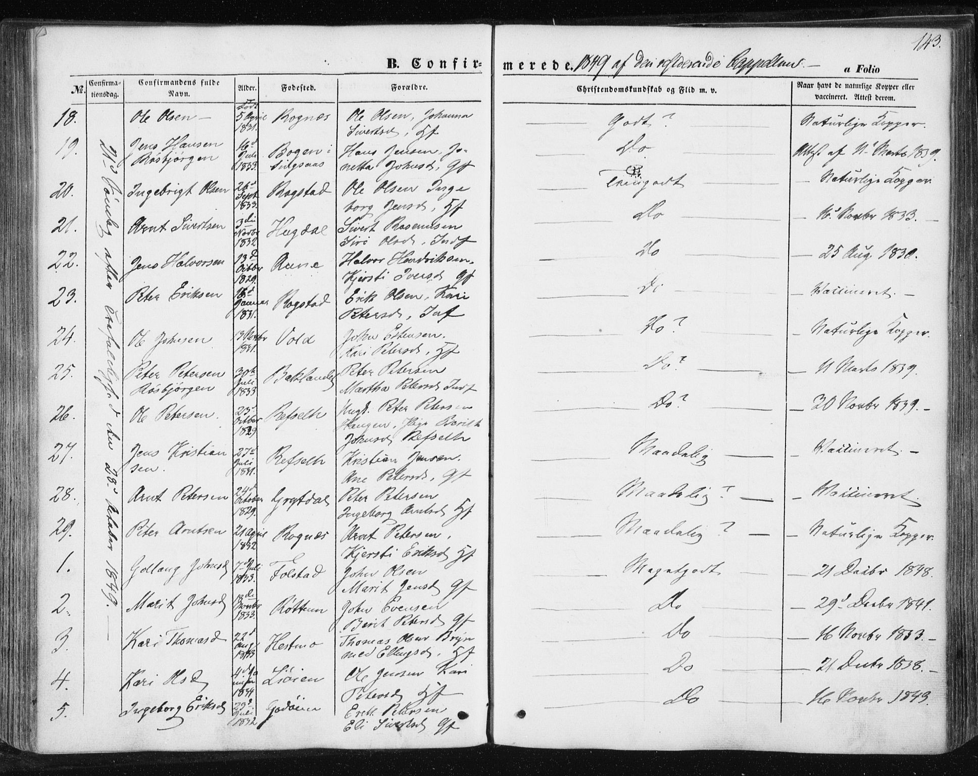 Ministerialprotokoller, klokkerbøker og fødselsregistre - Sør-Trøndelag, SAT/A-1456/687/L1000: Parish register (official) no. 687A06, 1848-1869, p. 143