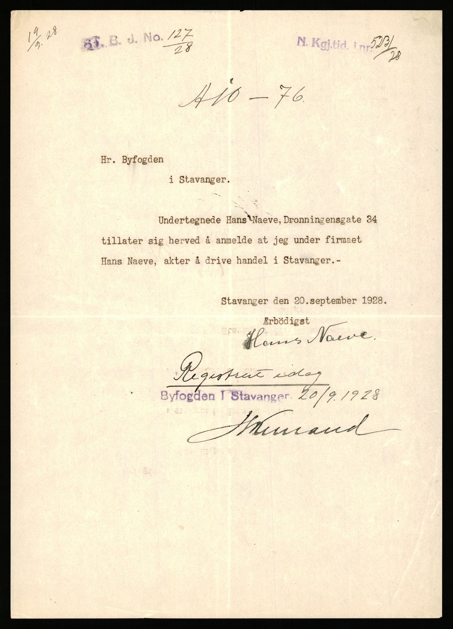 Stavanger byfogd, SAST/A-101408/002/J/Jd/Jde/L0003: Registreringsmeldinger og bilag. Enkeltmannsforetak, 751-1000, 1928-1976, p. 346