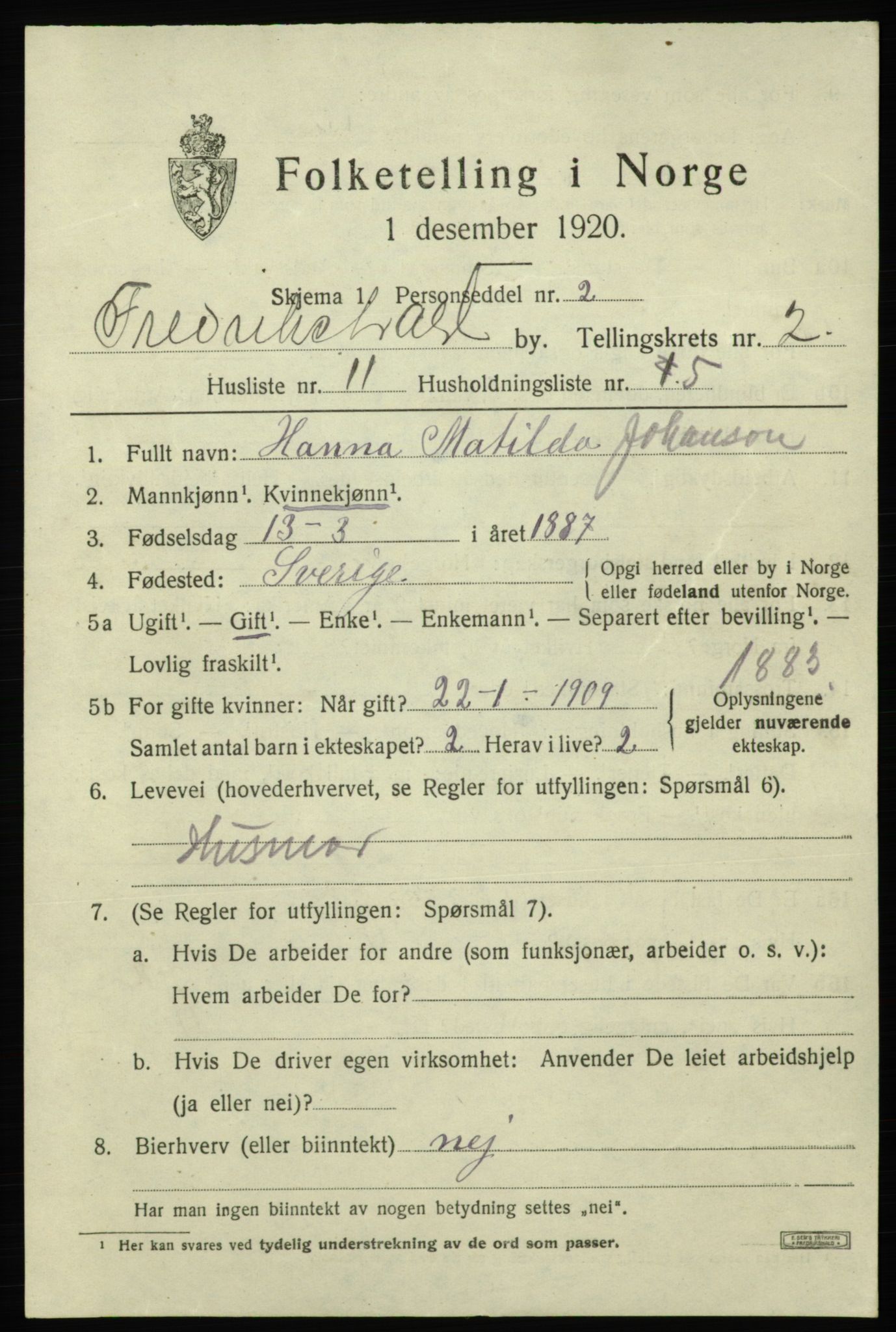 SAO, 1920 census for Fredrikshald, 1920, p. 9488