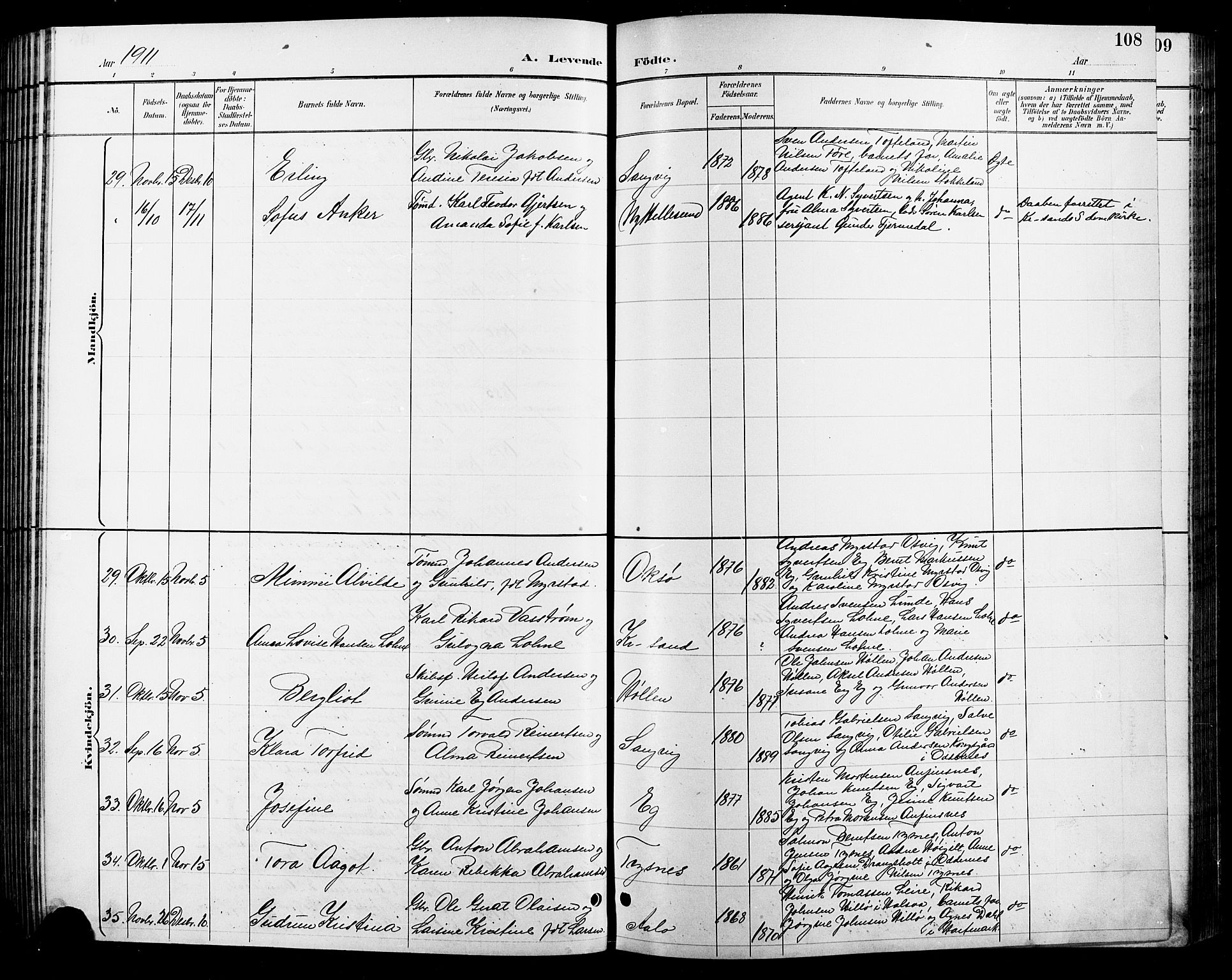 Søgne sokneprestkontor, SAK/1111-0037/F/Fb/Fbb/L0006: Parish register (copy) no. B 6, 1892-1911, p. 108