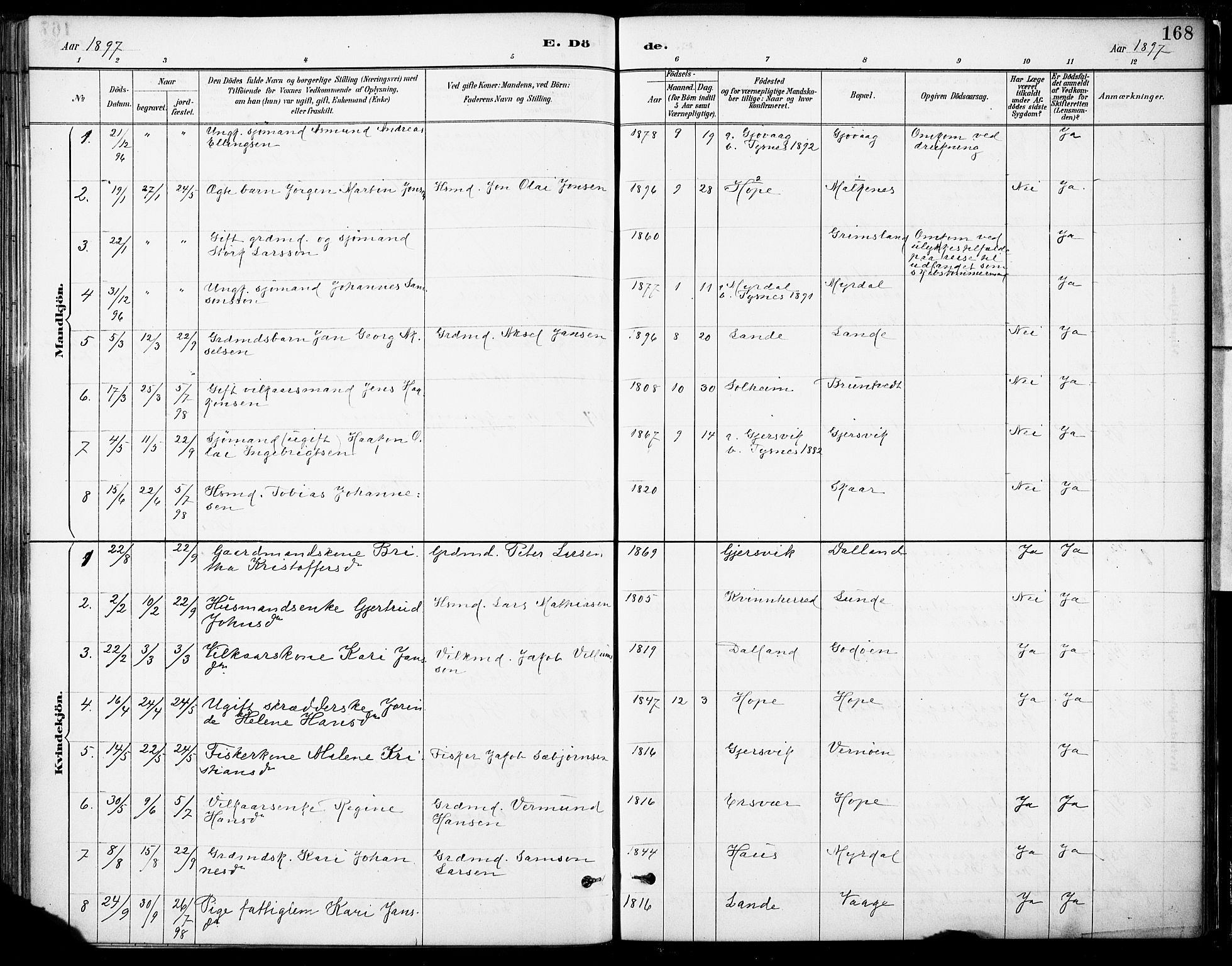Tysnes sokneprestembete, SAB/A-78601/H/Haa: Parish register (official) no. B 1, 1887-1906, p. 168