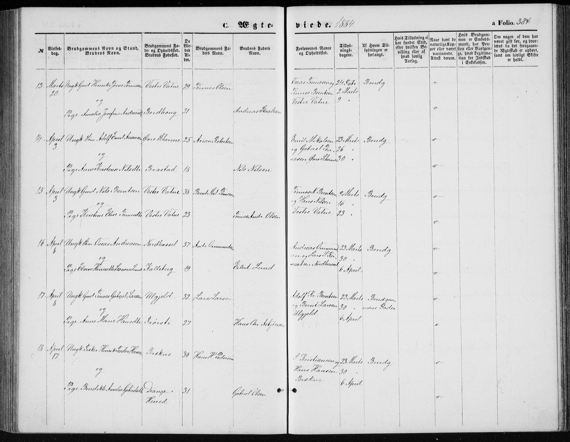 Lista sokneprestkontor, AV/SAK-1111-0027/F/Fb/L0004: Parish register (copy) no. B 4, 1877-1891, p. 384