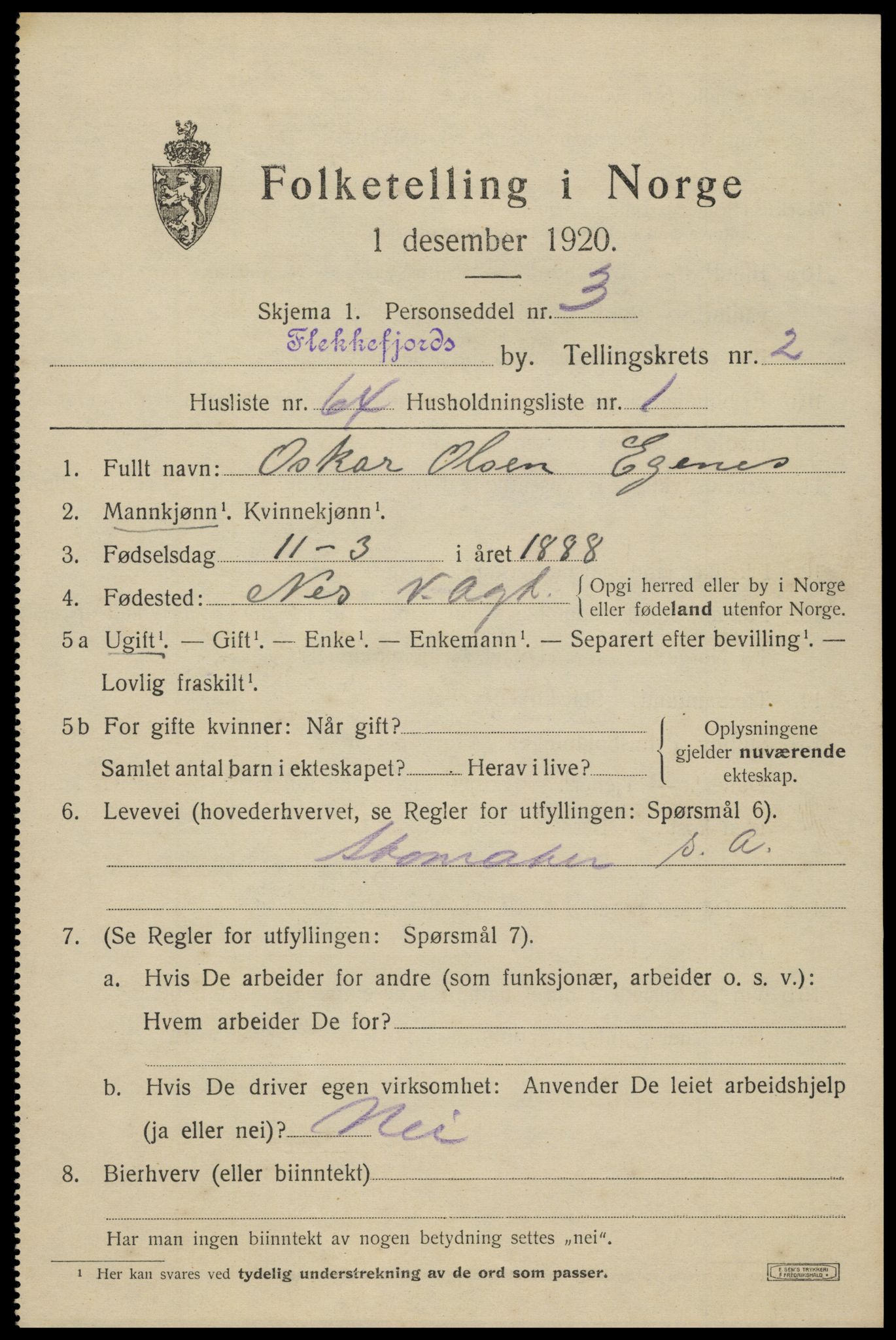 SAK, 1920 census for Flekkefjord, 1920, p. 3258