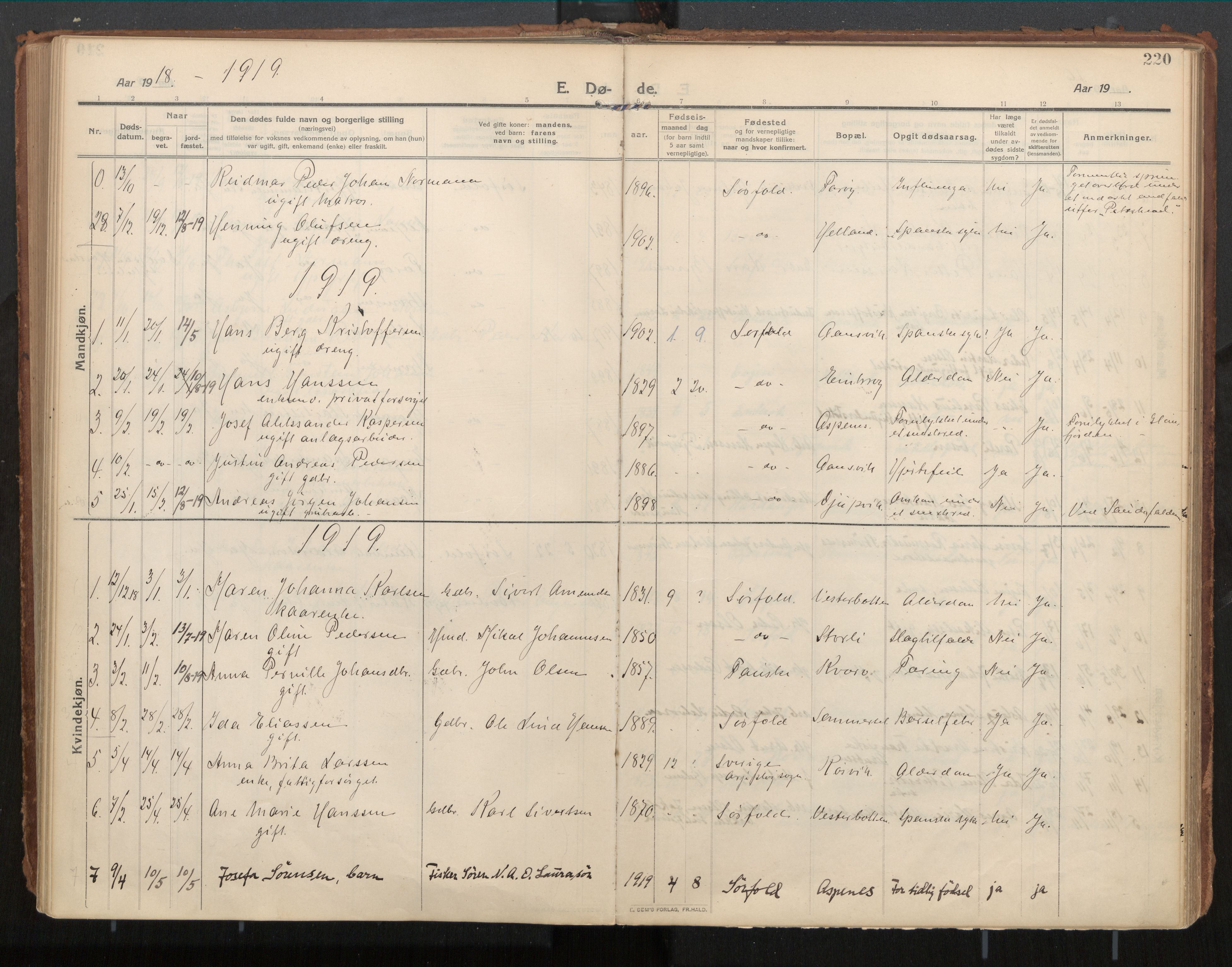 Ministerialprotokoller, klokkerbøker og fødselsregistre - Nordland, AV/SAT-A-1459/854/L0784: Parish register (official) no. 854A07, 1910-1922, p. 220