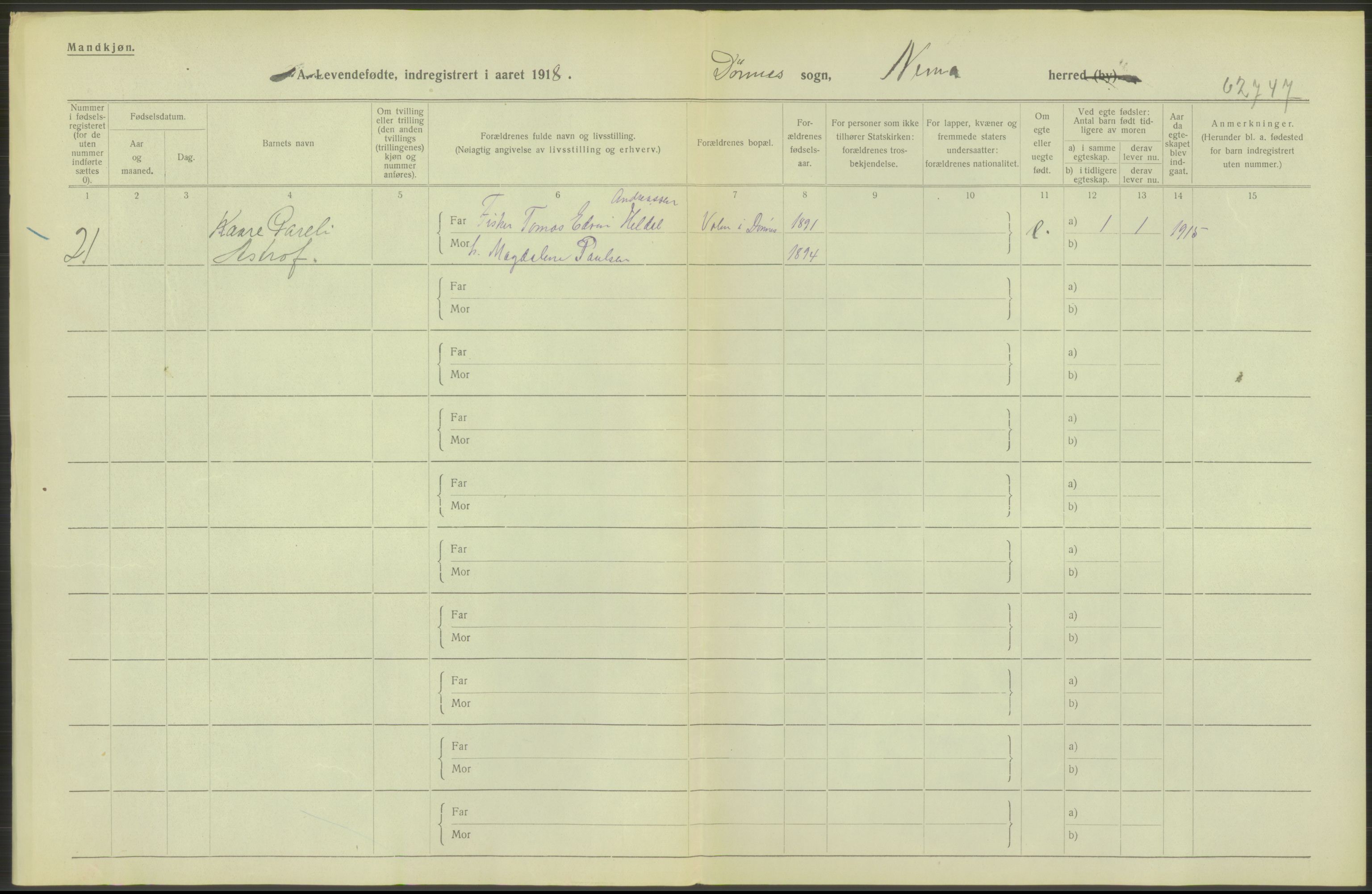 Statistisk sentralbyrå, Sosiodemografiske emner, Befolkning, RA/S-2228/D/Df/Dfb/Dfbh/L0052: Nordland fylke: Levendefødte menn og kvinner. Bygder., 1918, p. 112