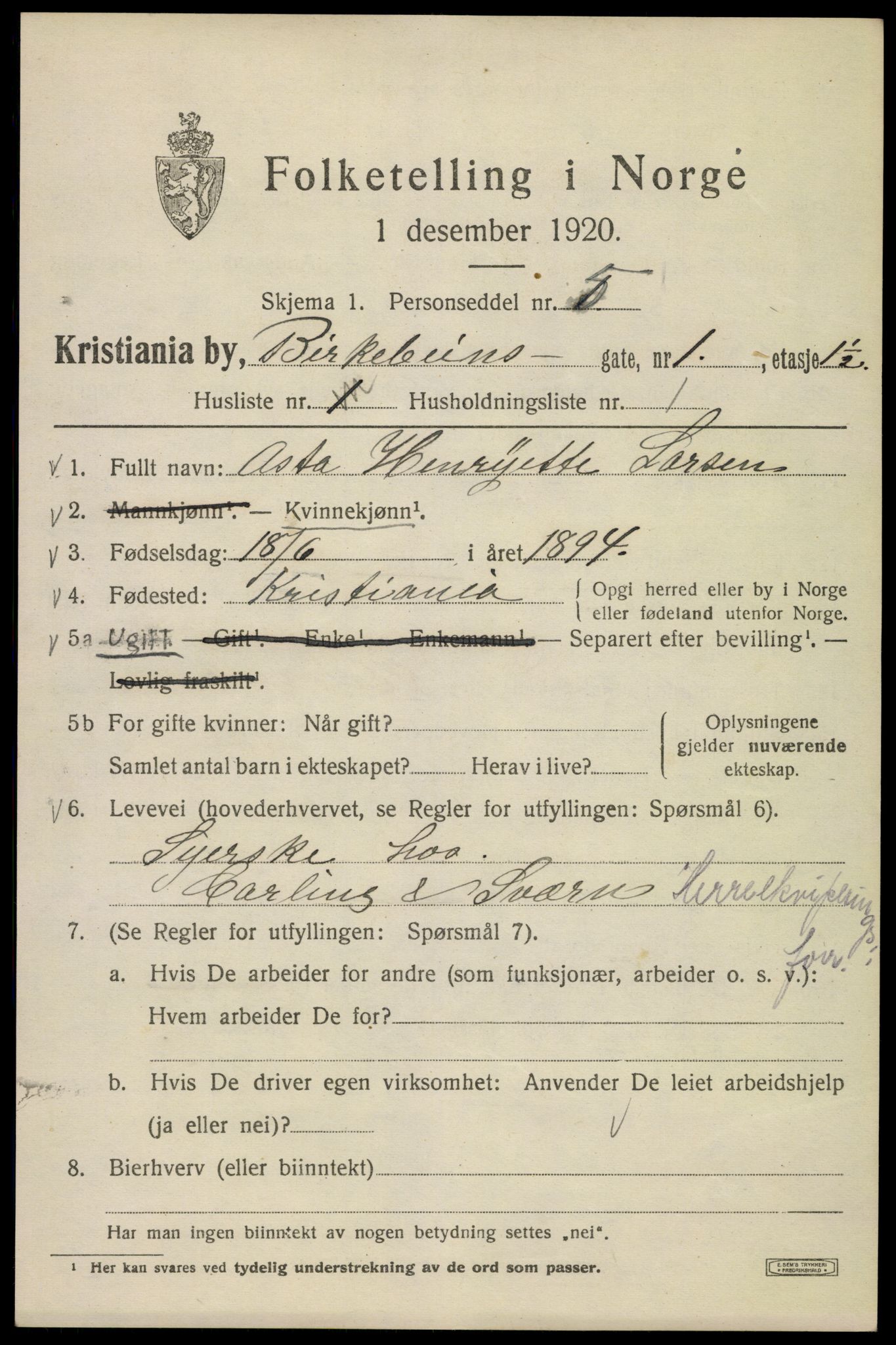 SAO, 1920 census for Kristiania, 1920, p. 155993