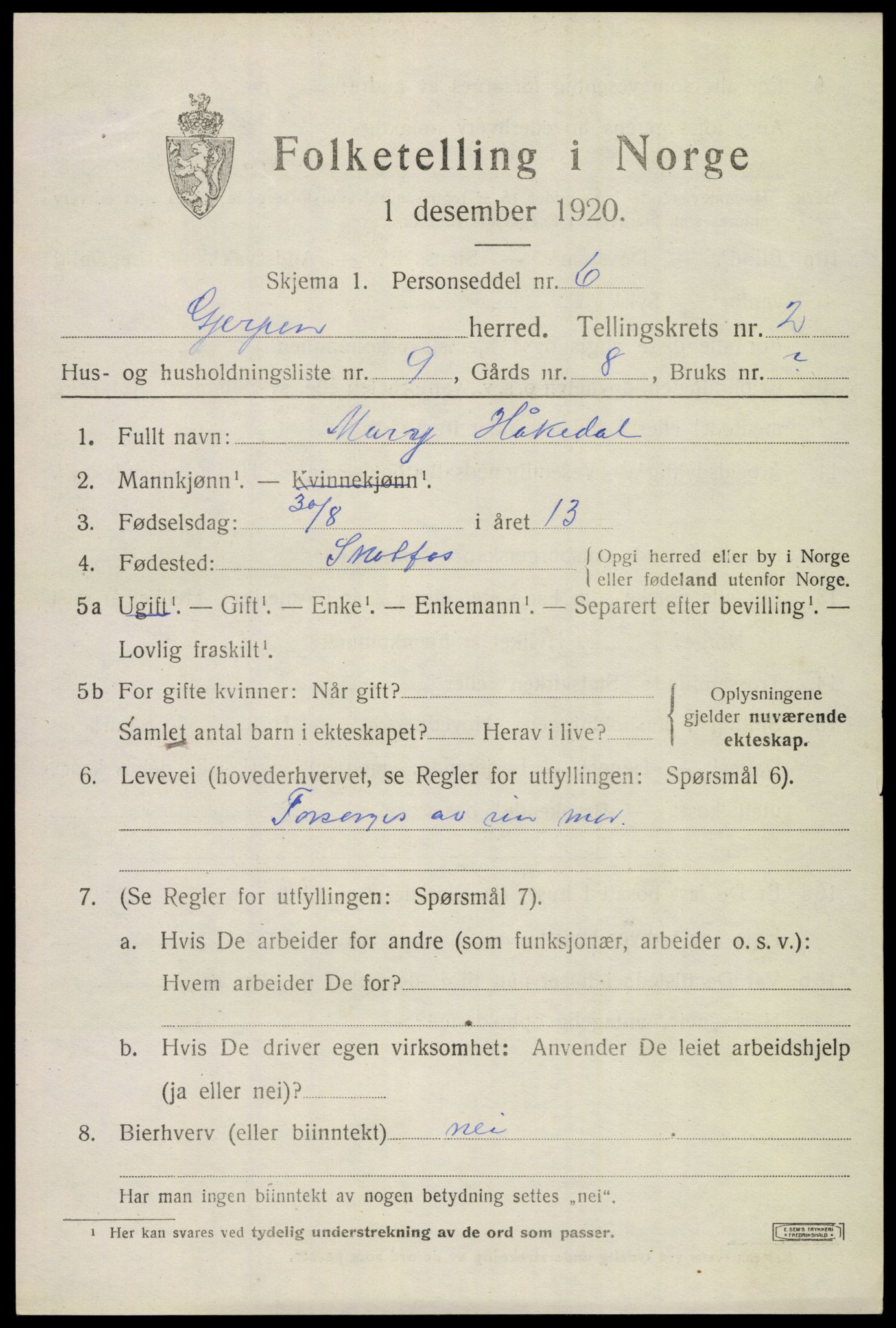 SAKO, 1920 census for Gjerpen, 1920, p. 4198