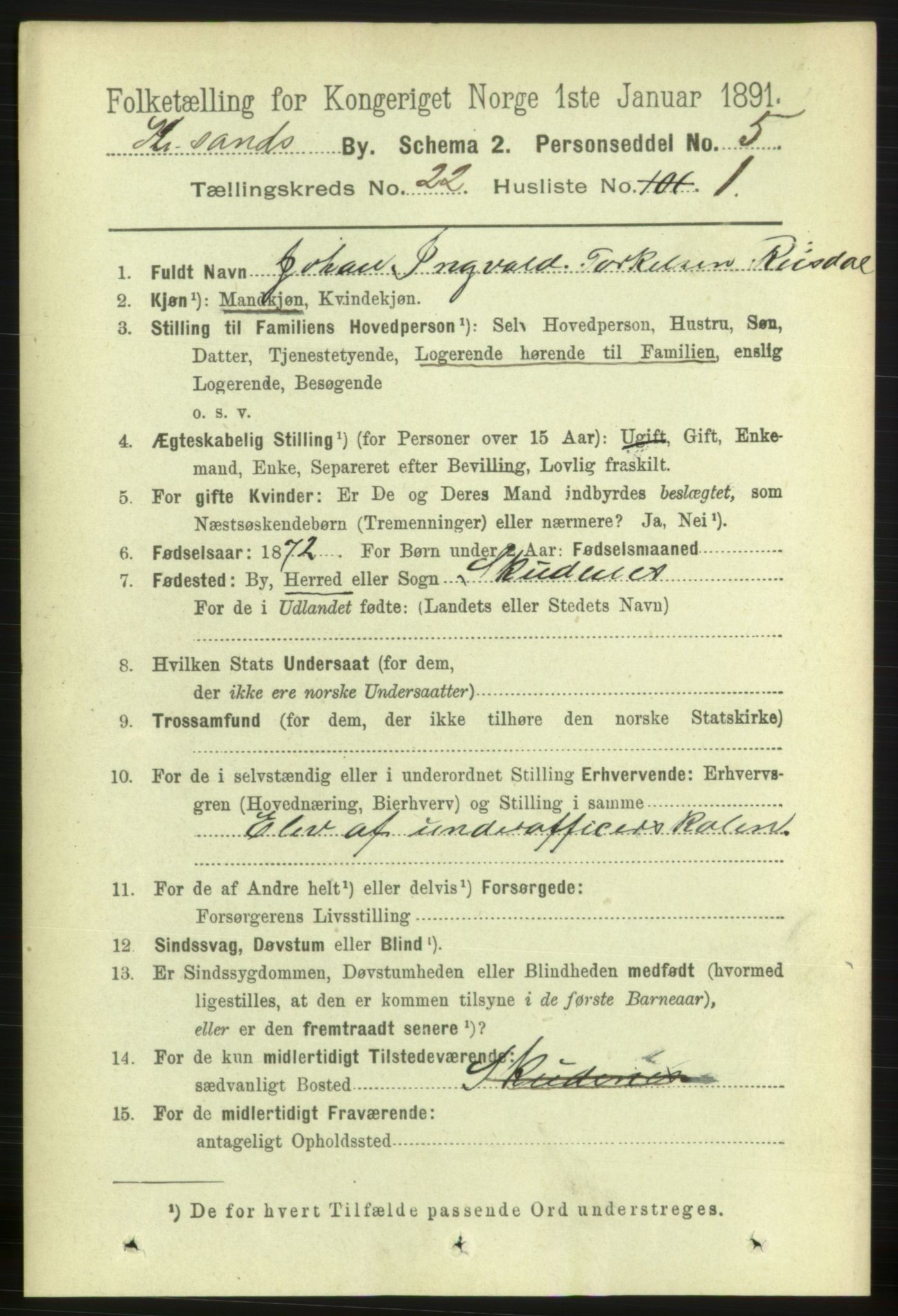 RA, 1891 census for 1001 Kristiansand, 1891, p. 8270