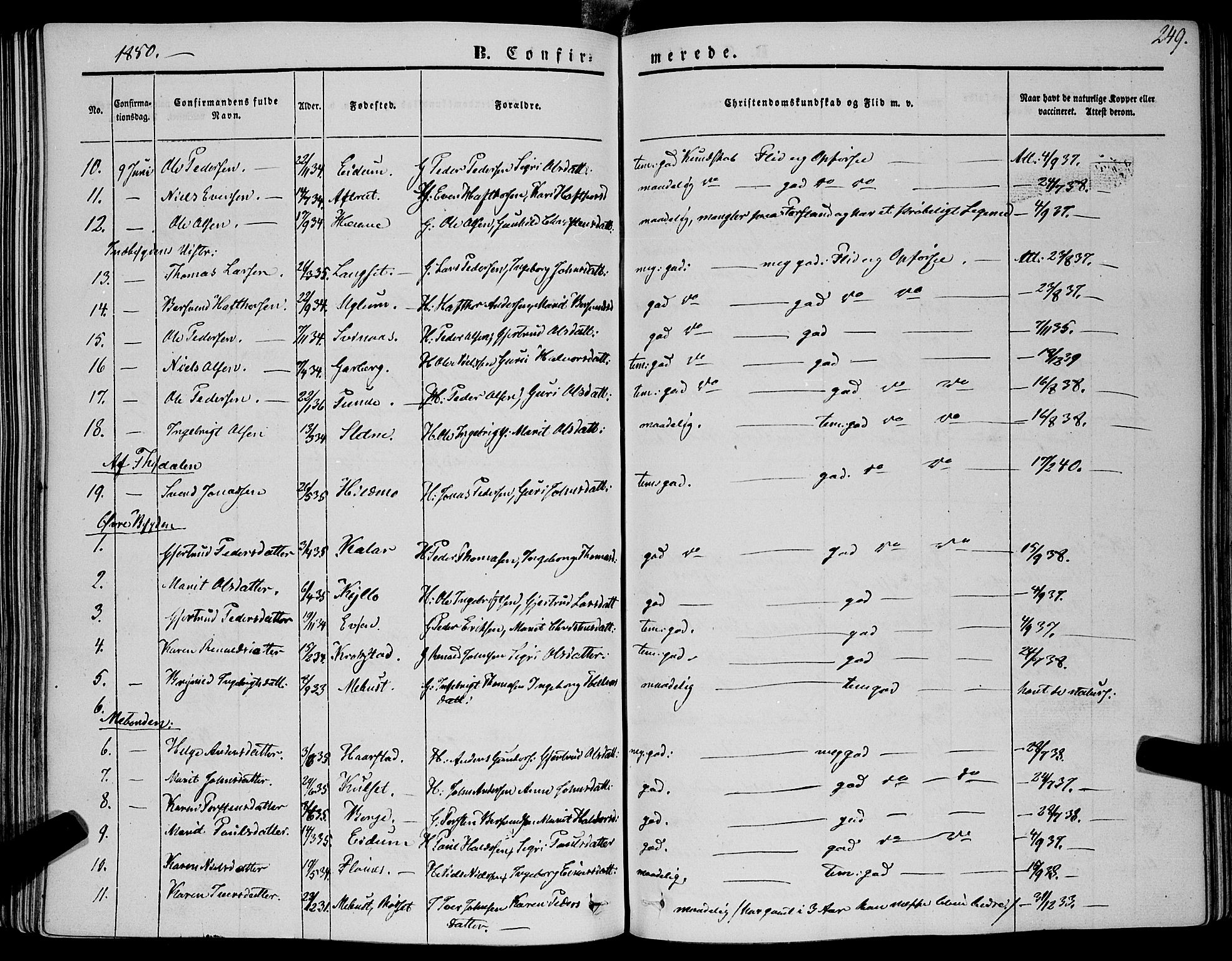 Ministerialprotokoller, klokkerbøker og fødselsregistre - Sør-Trøndelag, SAT/A-1456/695/L1145: Parish register (official) no. 695A06 /1, 1843-1859, p. 249