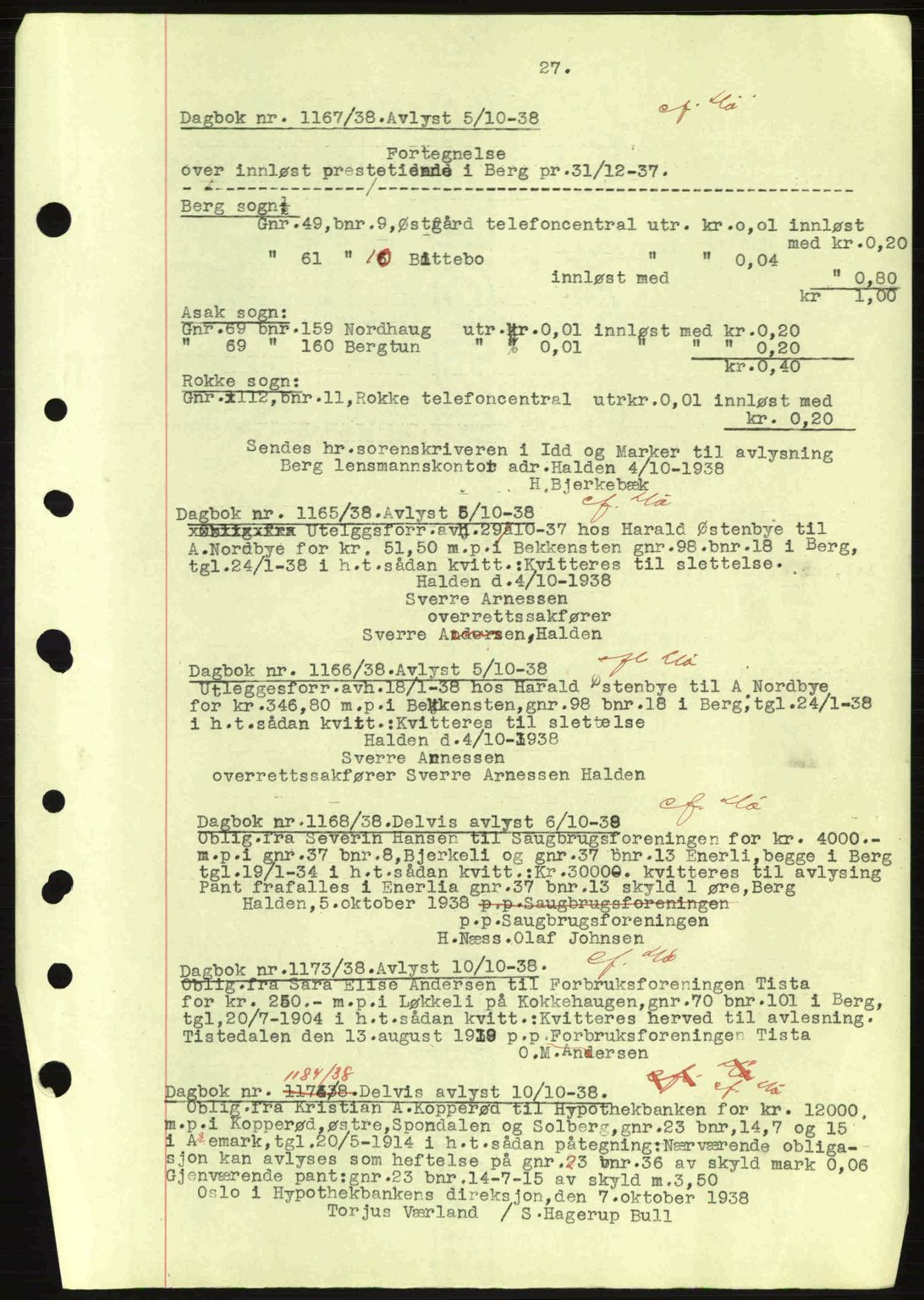 Idd og Marker sorenskriveri, AV/SAO-A-10283/G/Gb/Gbc/L0001: Mortgage book no. B1-3, 1936-1939, Diary no: : 1167/1938