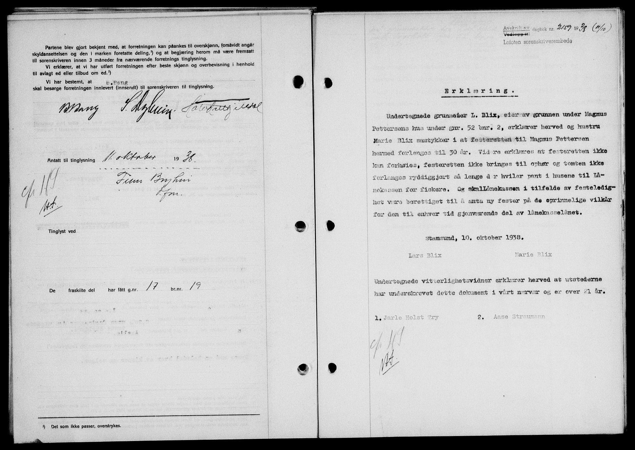 Lofoten sorenskriveri, SAT/A-0017/1/2/2C/L0004a: Mortgage book no. 4a, 1938-1938, Diary no: : 2159/1938