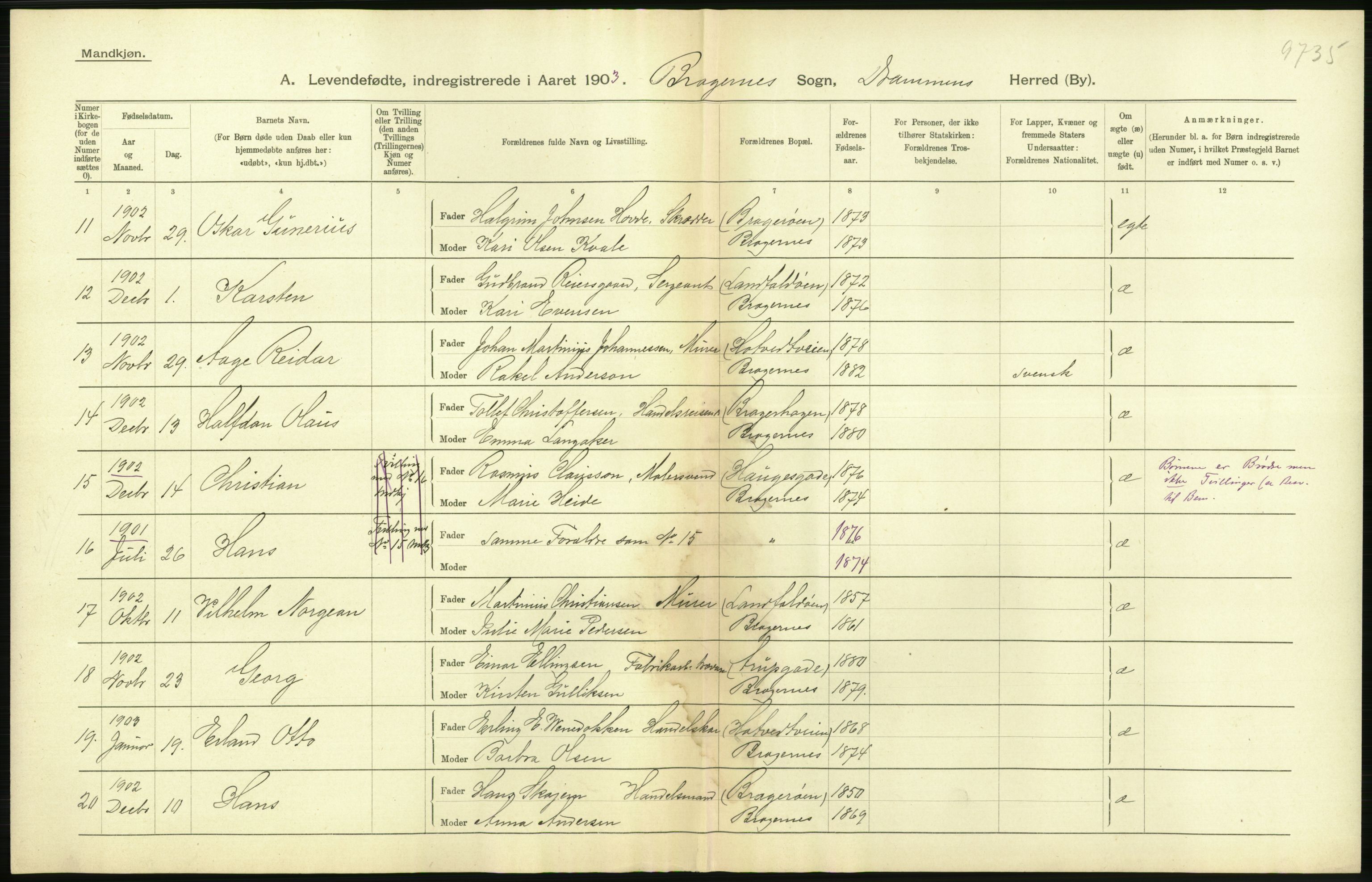 Statistisk sentralbyrå, Sosiodemografiske emner, Befolkning, AV/RA-S-2228/D/Df/Dfa/Dfaa/L0007: Buskeruds amt: Fødte, gifte, døde, 1903, p. 294