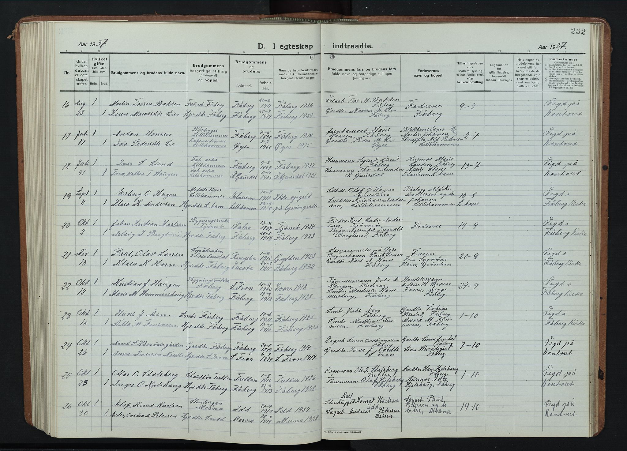 Fåberg prestekontor, AV/SAH-PREST-086/H/Ha/Hab/L0014: Parish register (copy) no. 14, 1922-1946, p. 232