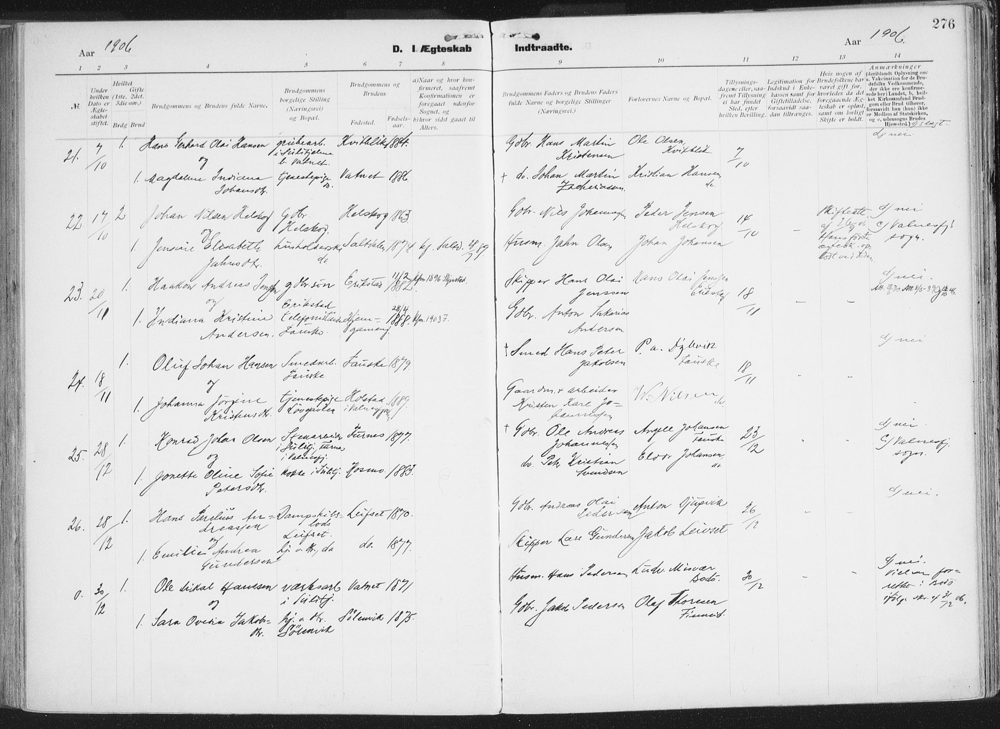 Ministerialprotokoller, klokkerbøker og fødselsregistre - Nordland, AV/SAT-A-1459/849/L0696: Parish register (official) no. 849A08, 1898-1910, p. 276