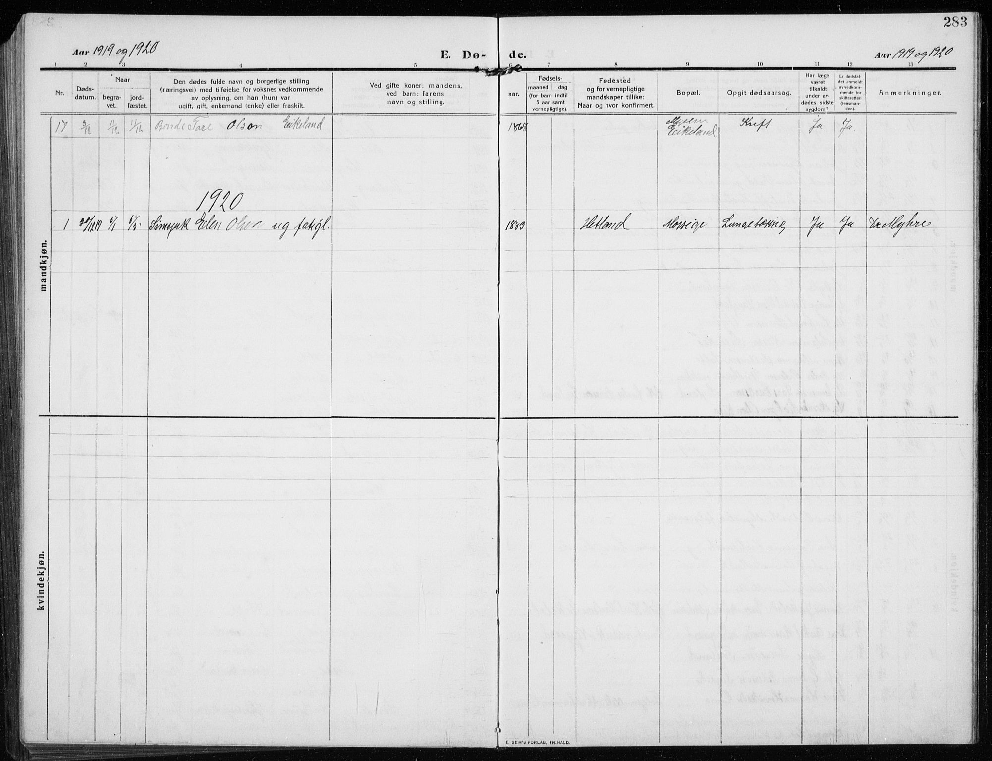 Time sokneprestkontor, SAST/A-101795/001/30BB/L0001: Parish register (copy) no. B 1, 1910-1932, p. 283