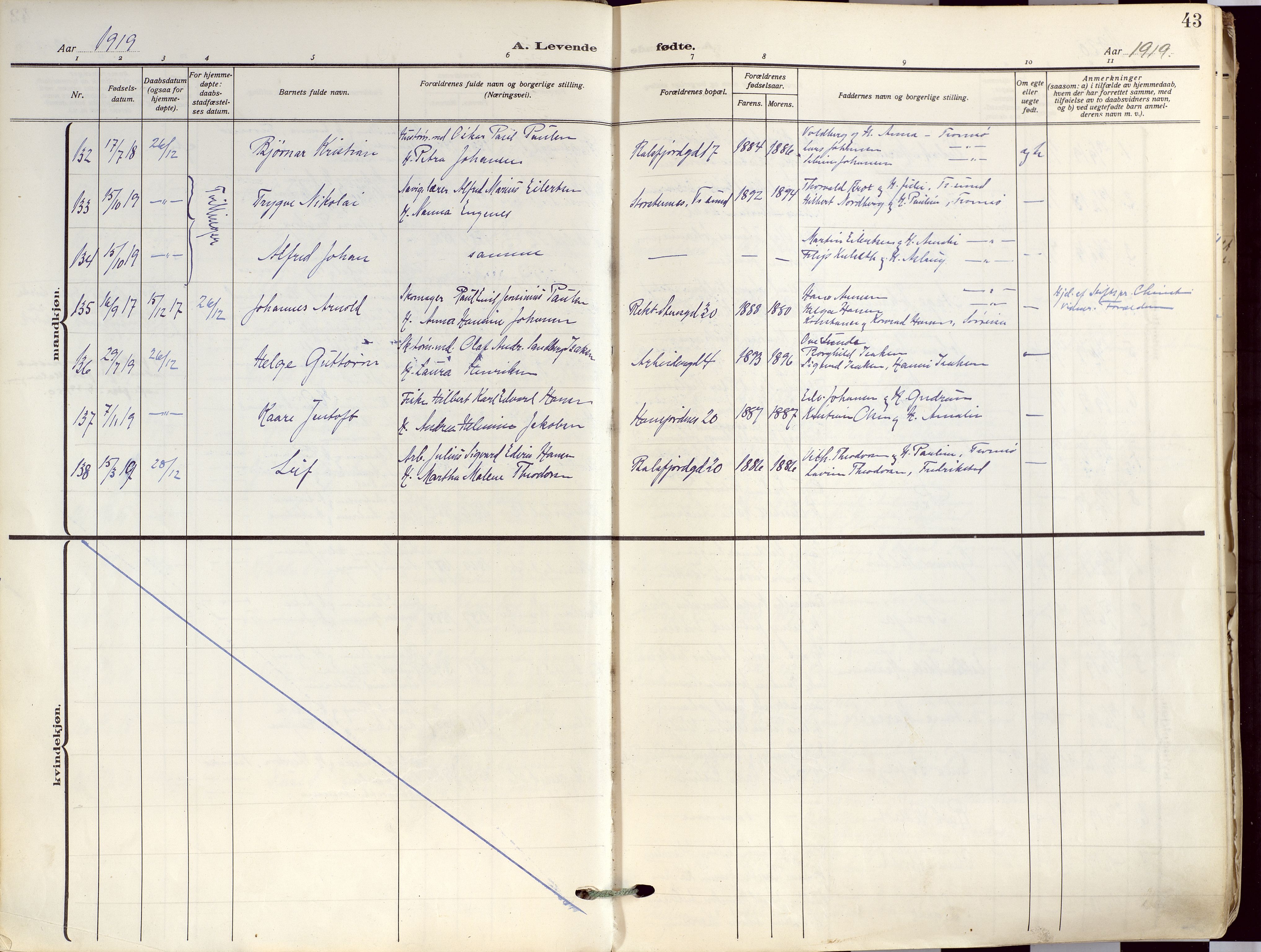 Tromsø sokneprestkontor/stiftsprosti/domprosti, AV/SATØ-S-1343/G/Ga/L0019kirke: Parish register (official) no. 19, 1917-1927, p. 43