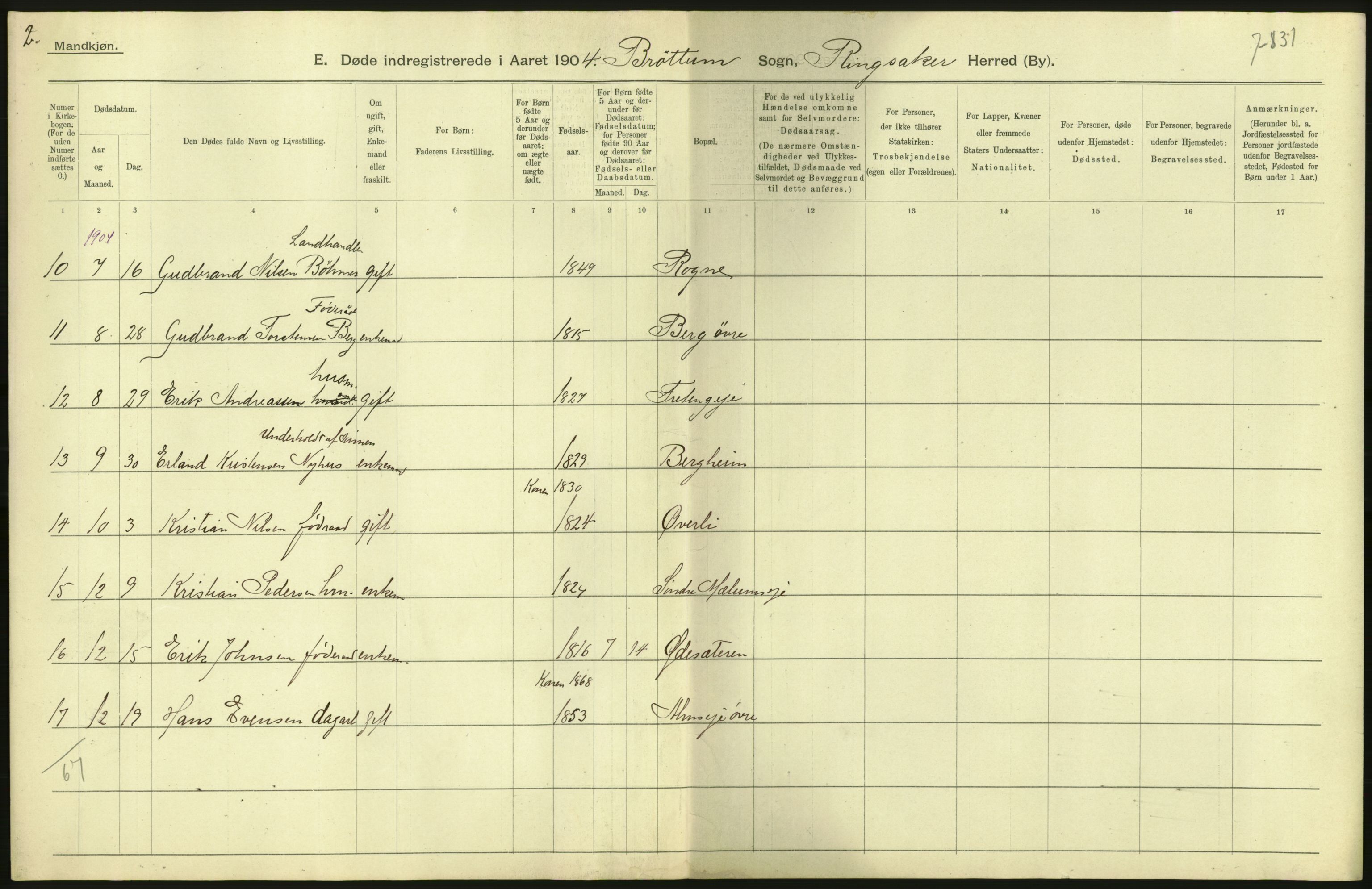 Statistisk sentralbyrå, Sosiodemografiske emner, Befolkning, AV/RA-S-2228/D/Df/Dfa/Dfab/L0005: Hedemarkens amt: Fødte, gifte, døde, 1904, p. 664